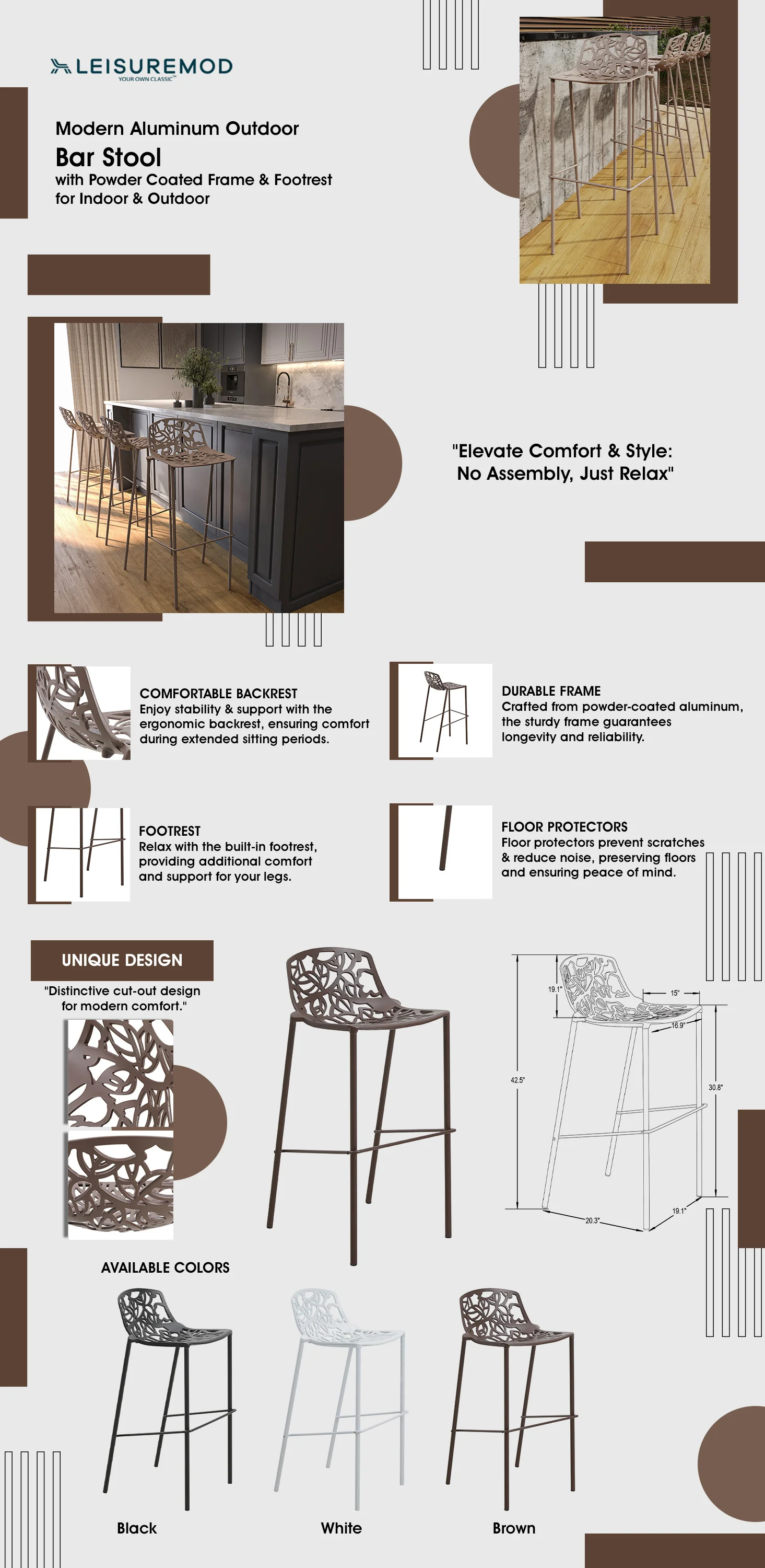 Devon Mid-Century Modern Aluminum Bar Stool with Powder Coated Frame and Footrest