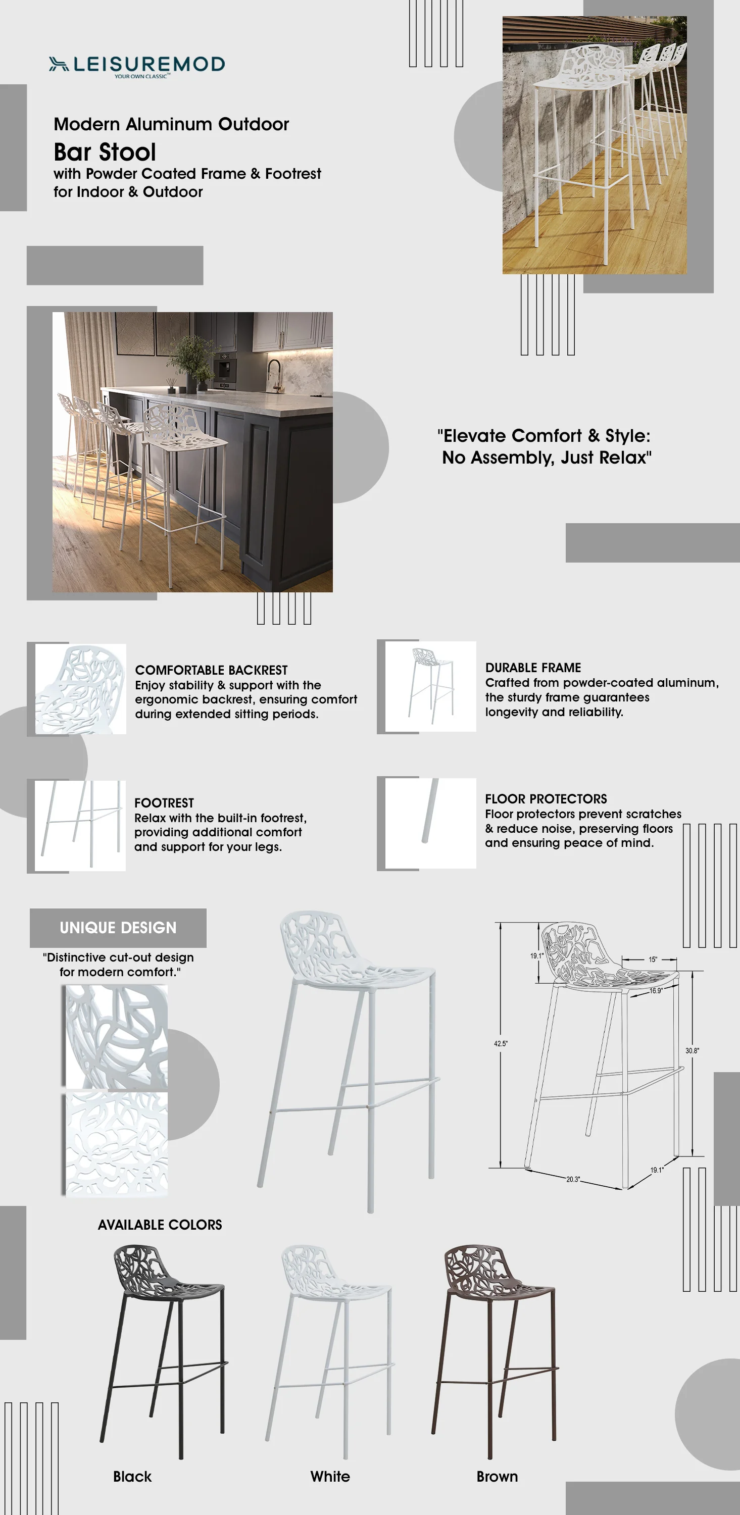 Devon Mid-Century Modern Aluminum Bar Stool with Powder Coated Frame and Footrest