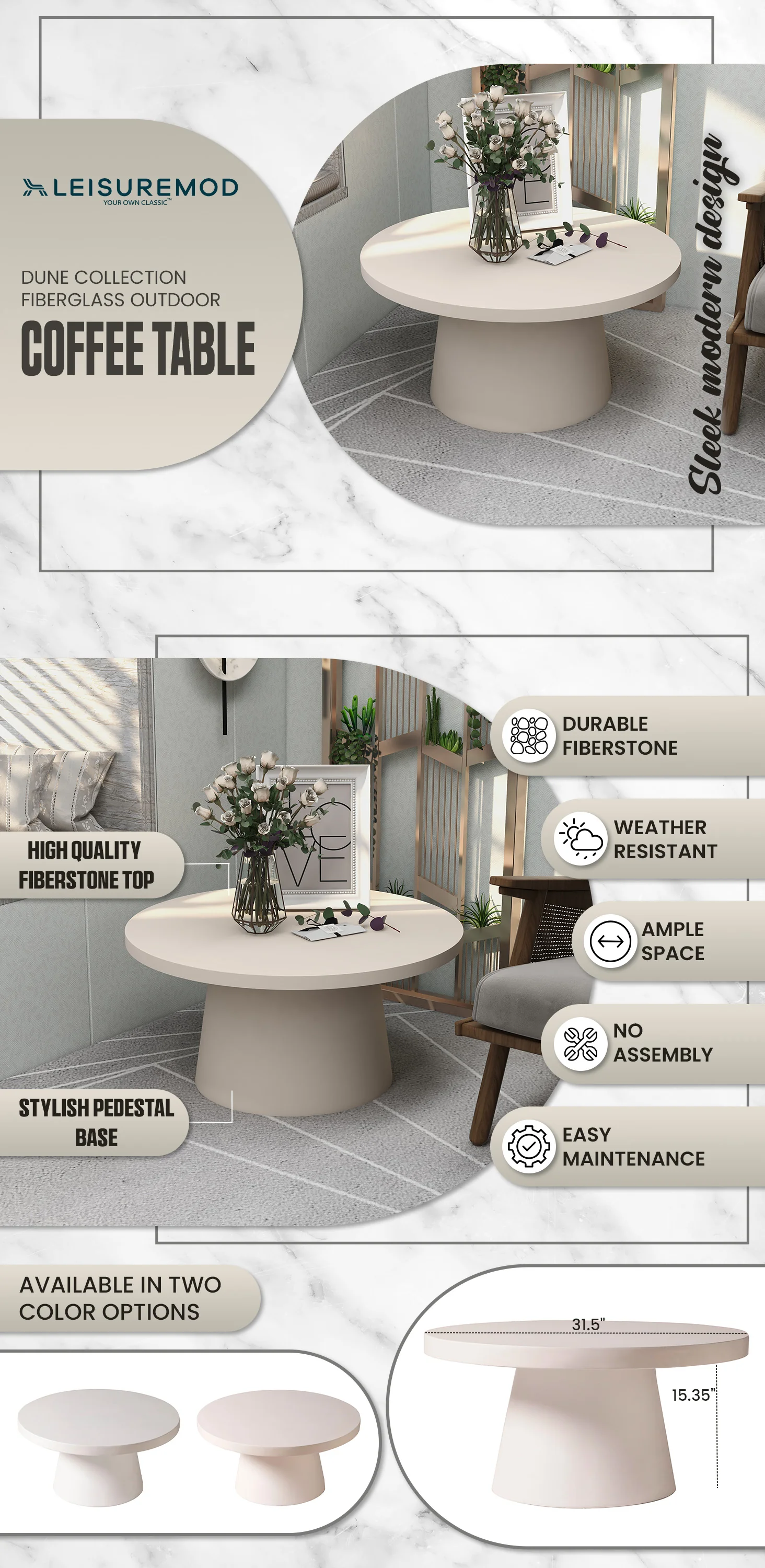 Dune Collection Fiberglass Outdoor Coffee Table In Grey