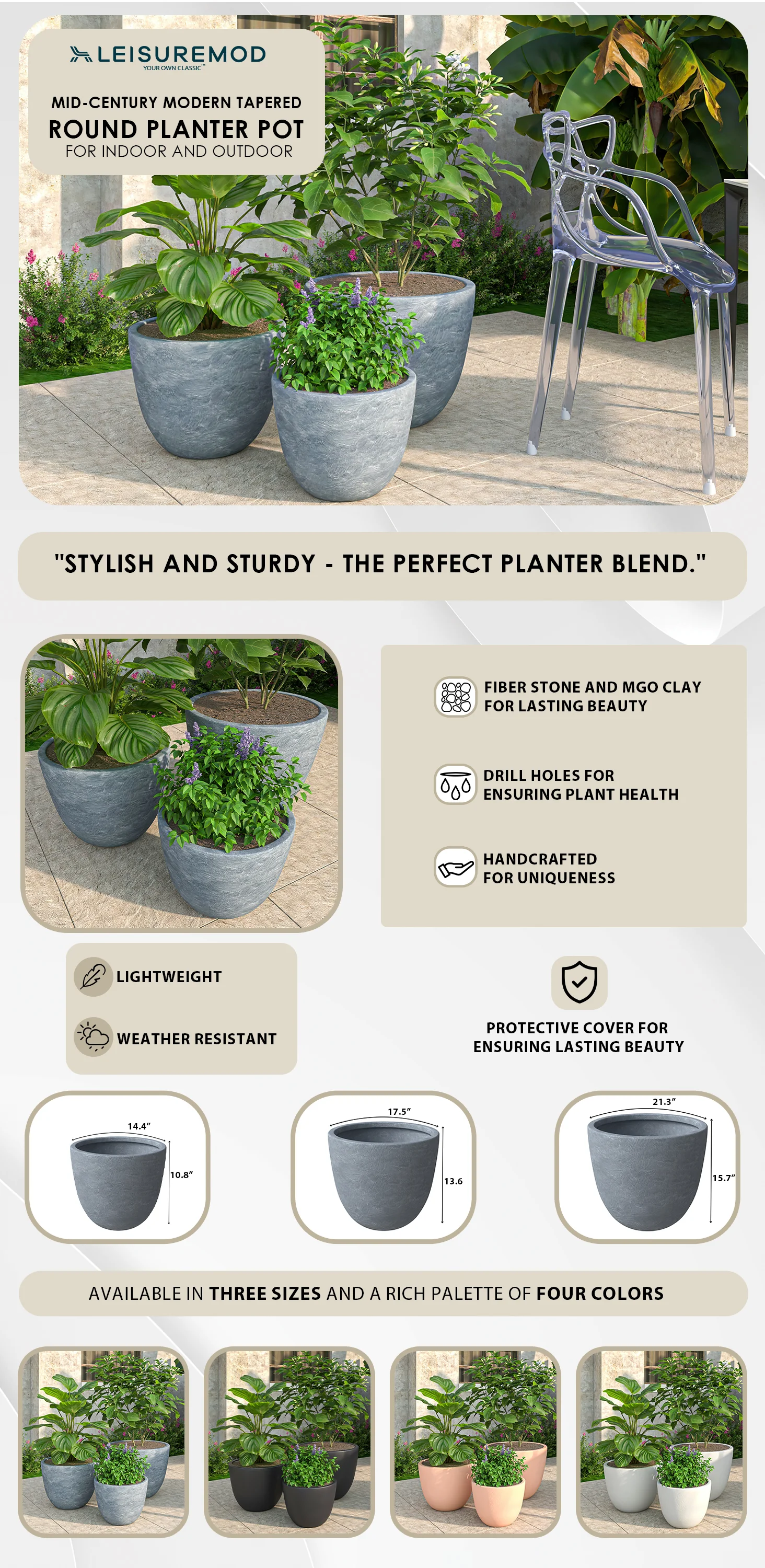 Dahlia Series Poly Stone Planter Set in Aged Concrete