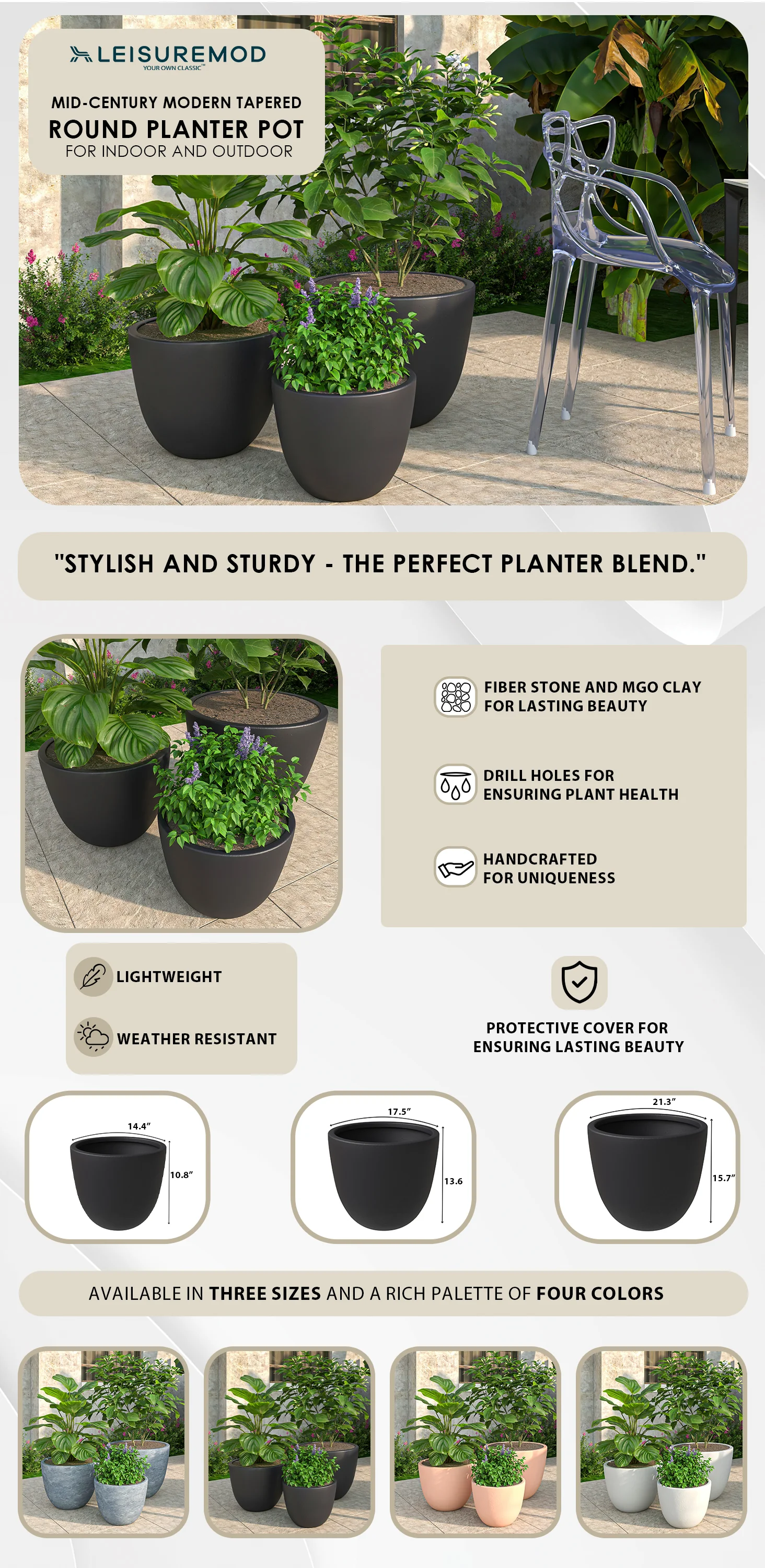 Dahlia Series Poly Stone Planter Set in Black