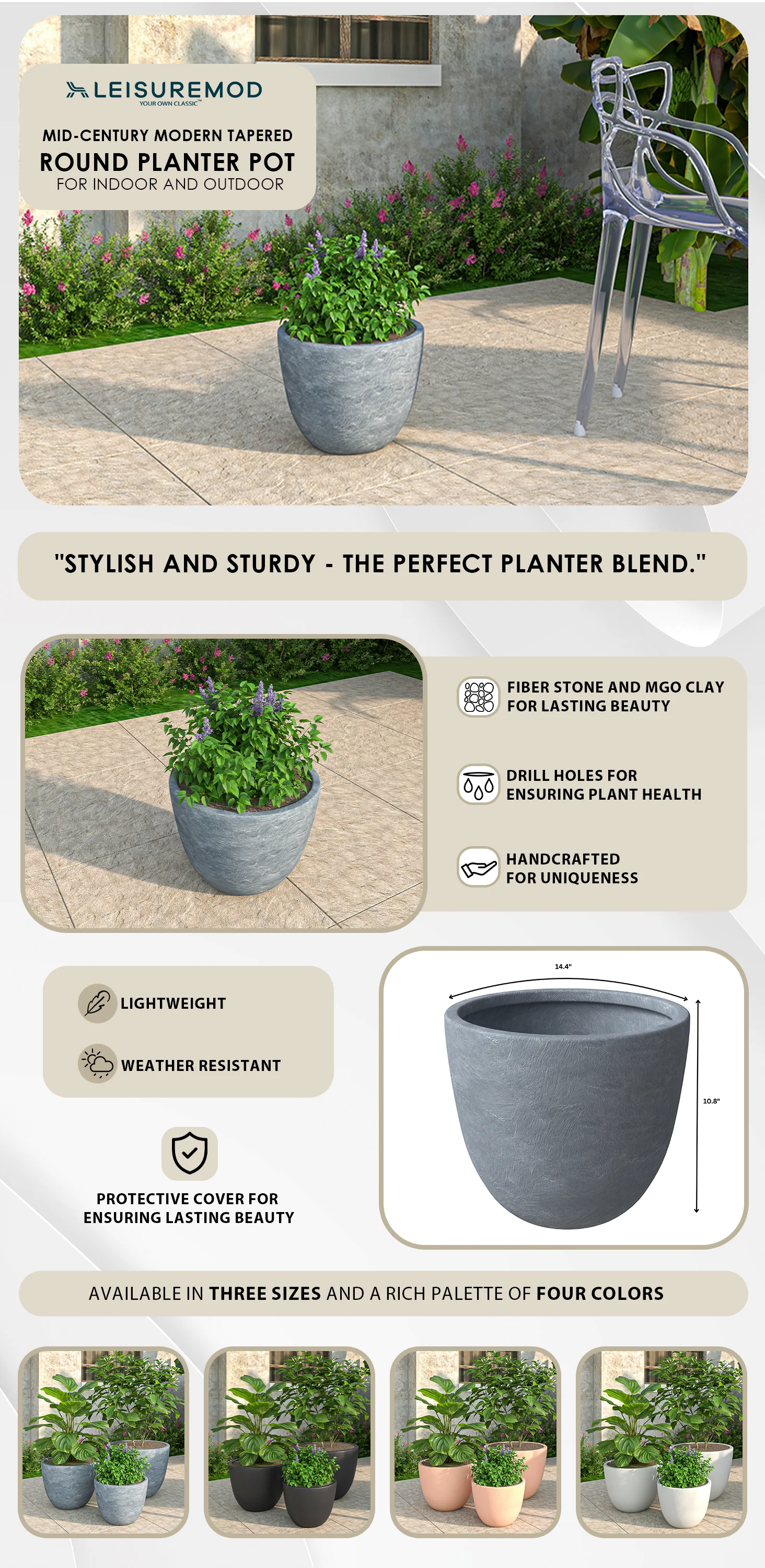 Dahlia Series Poly Stone Planter in Aged Concrete 14.4 Dia, 10.8 High