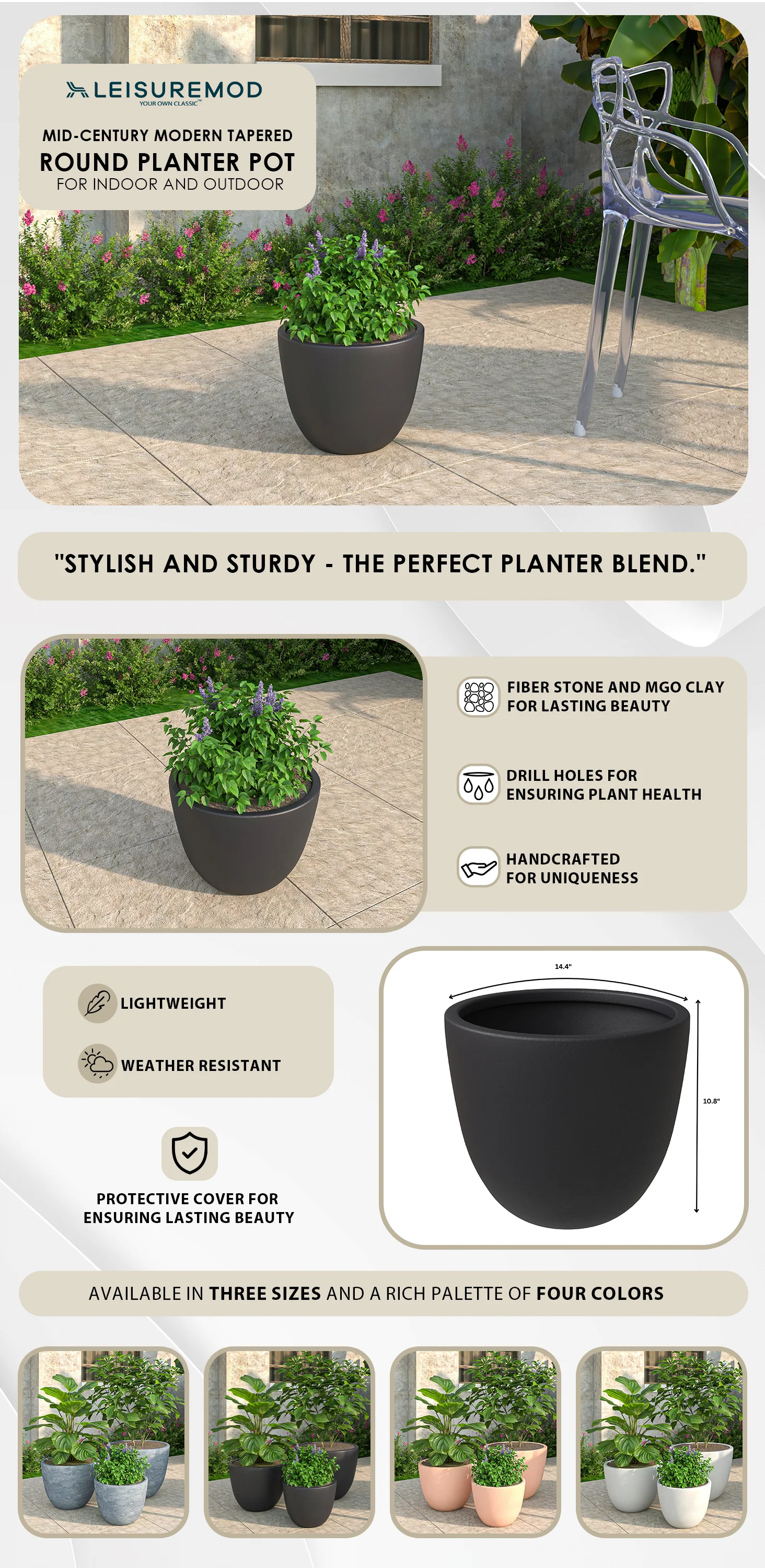 Dahlia Series Poly Stone Planter in Black 14.4 Dia, 10.8 High