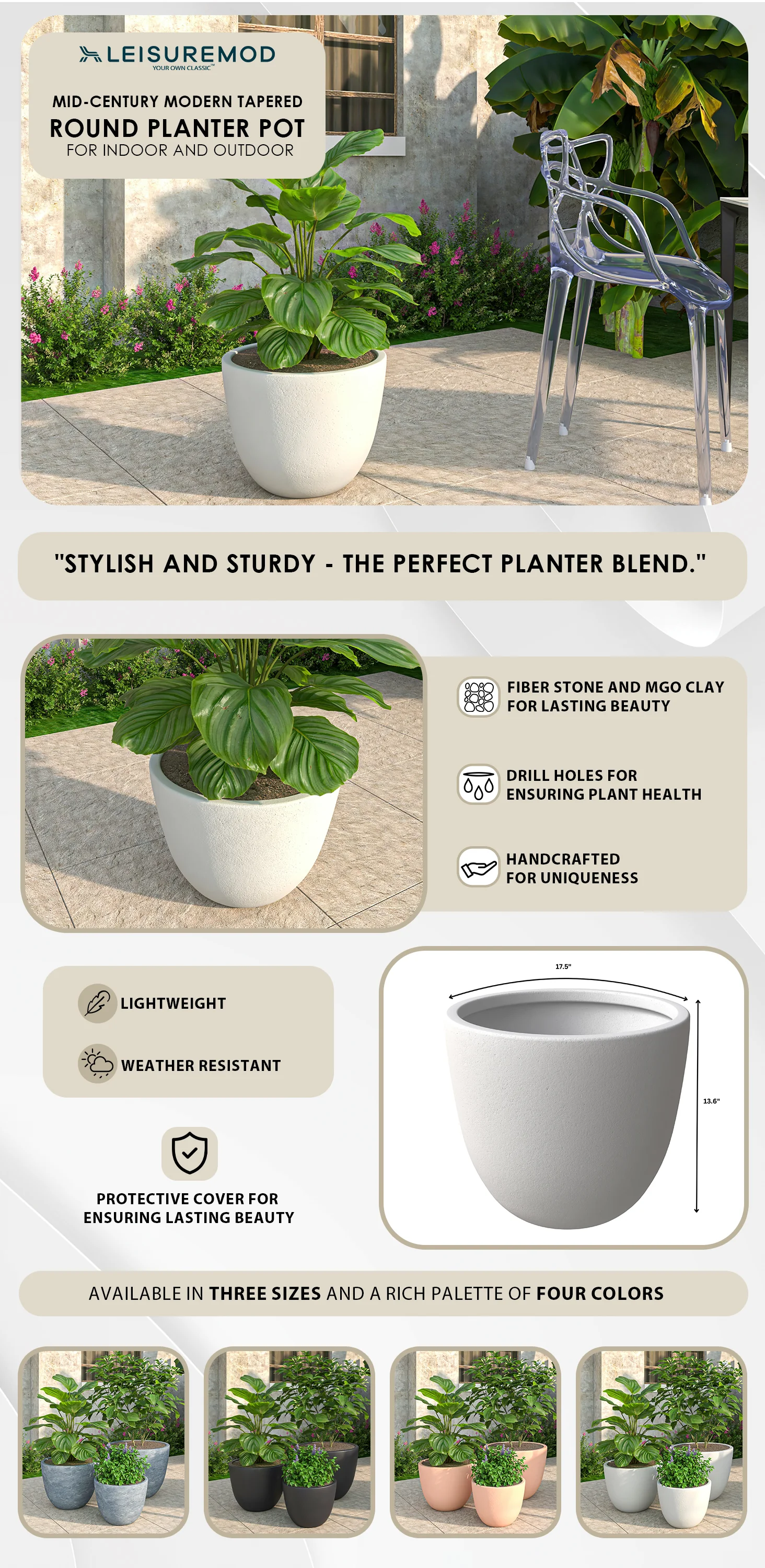 Dahlia Series Poly Stone Planter in White 17.5 Dia, 13.6 High