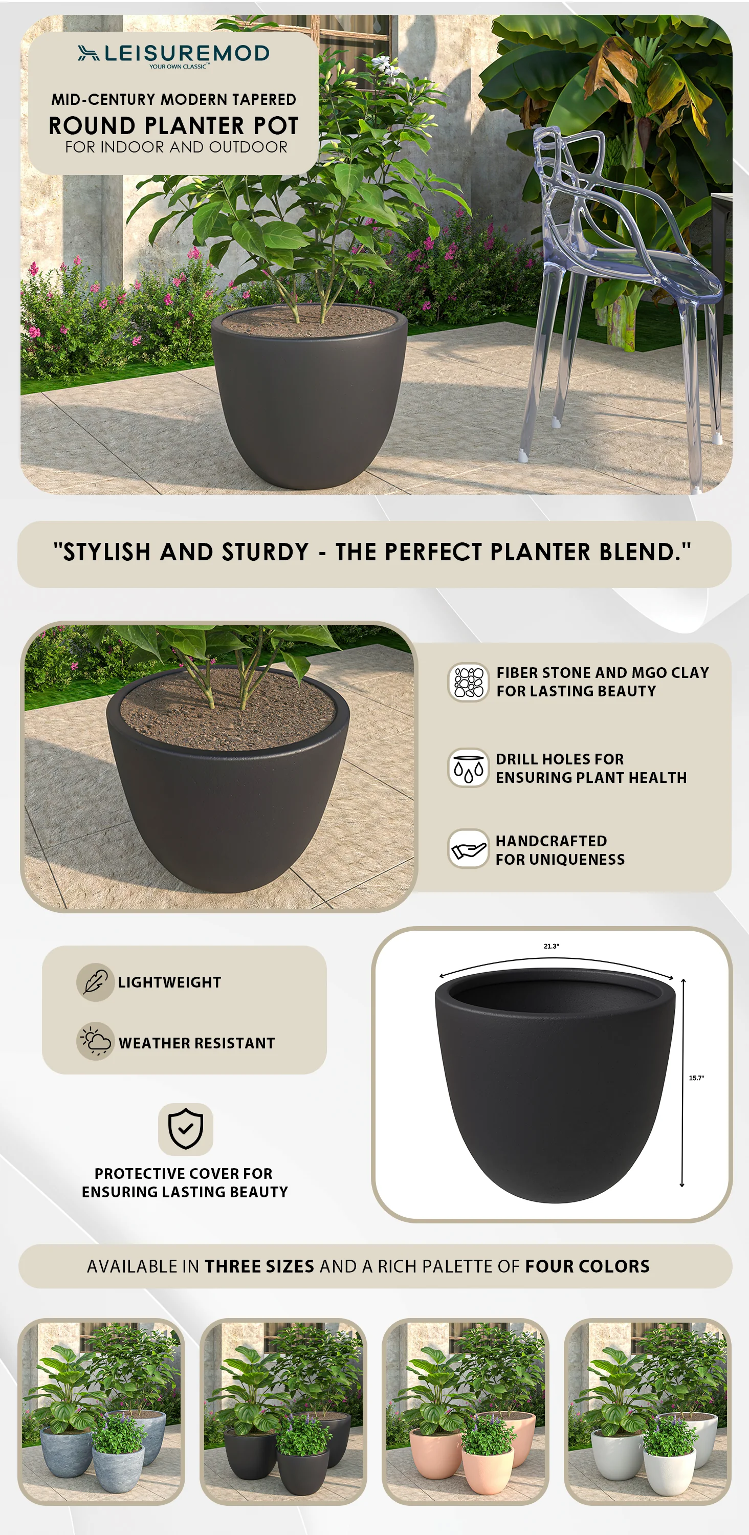 Dahlia Series Poly Stone Planter in Black 21.3 Dia, 15.7 High