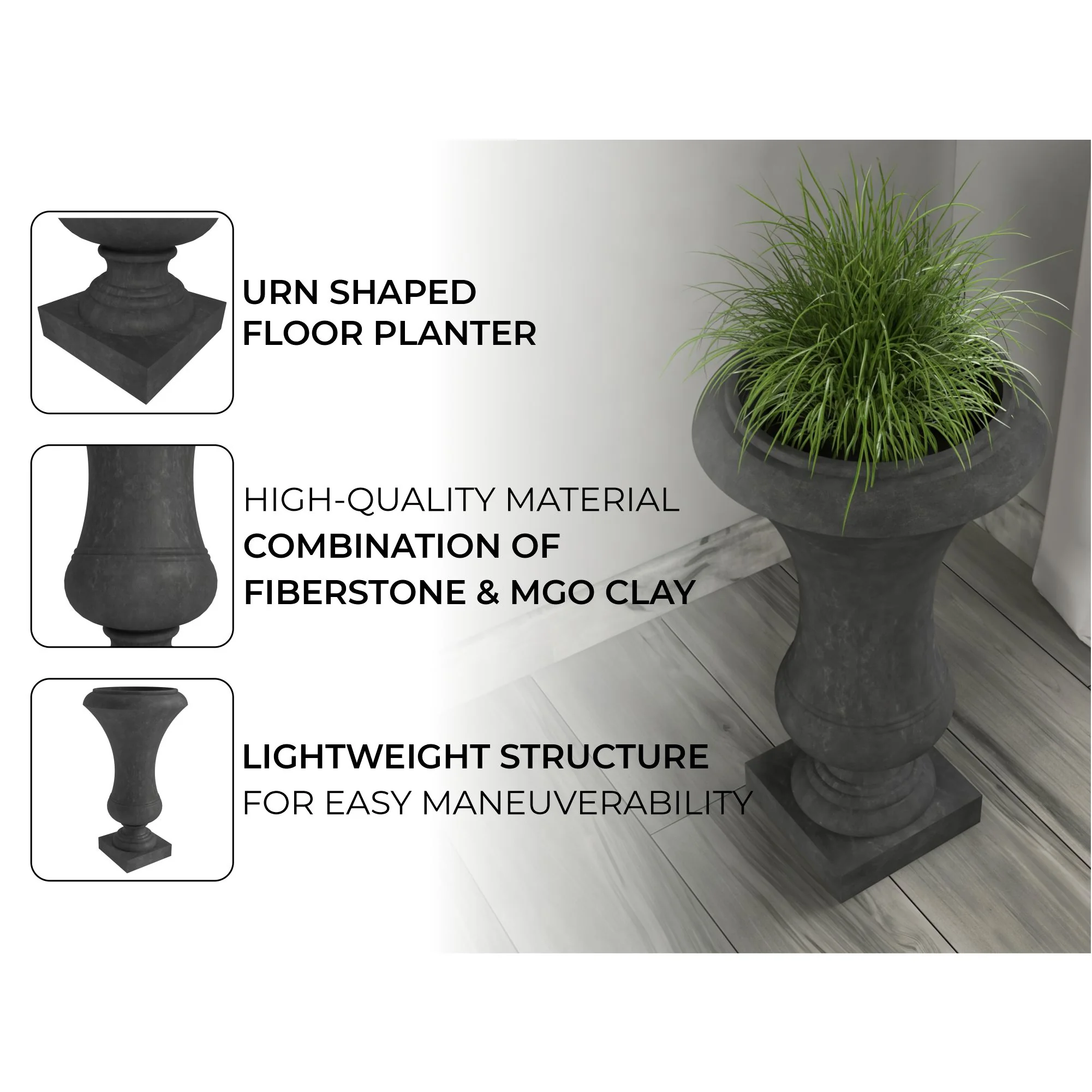 Daisy Series Poly Fiber Stone Planter in Black, 14 Dia, 24.8 High