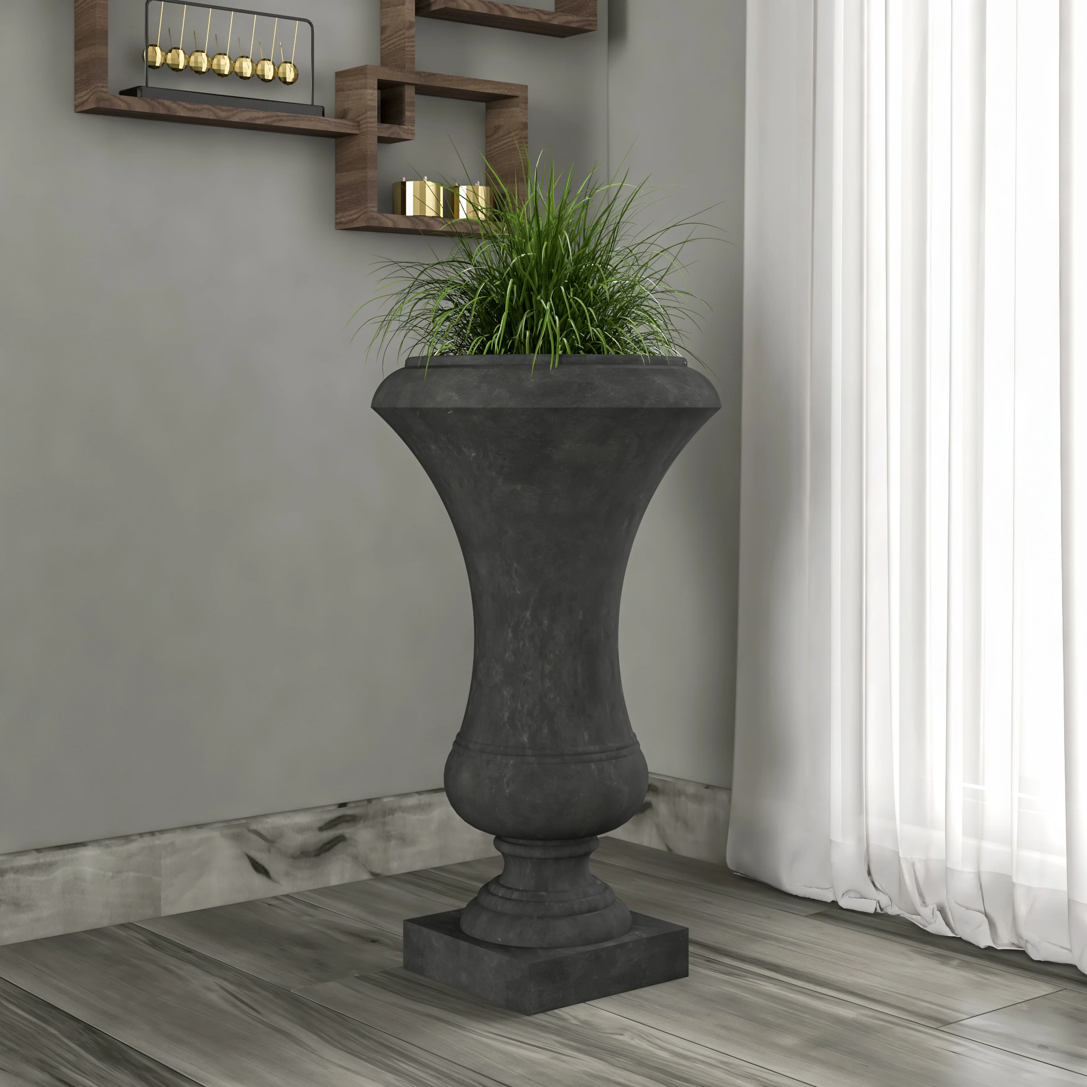 Daisy Series Poly Fiber Stone Planter in Black, 14 Dia, 24.8 High