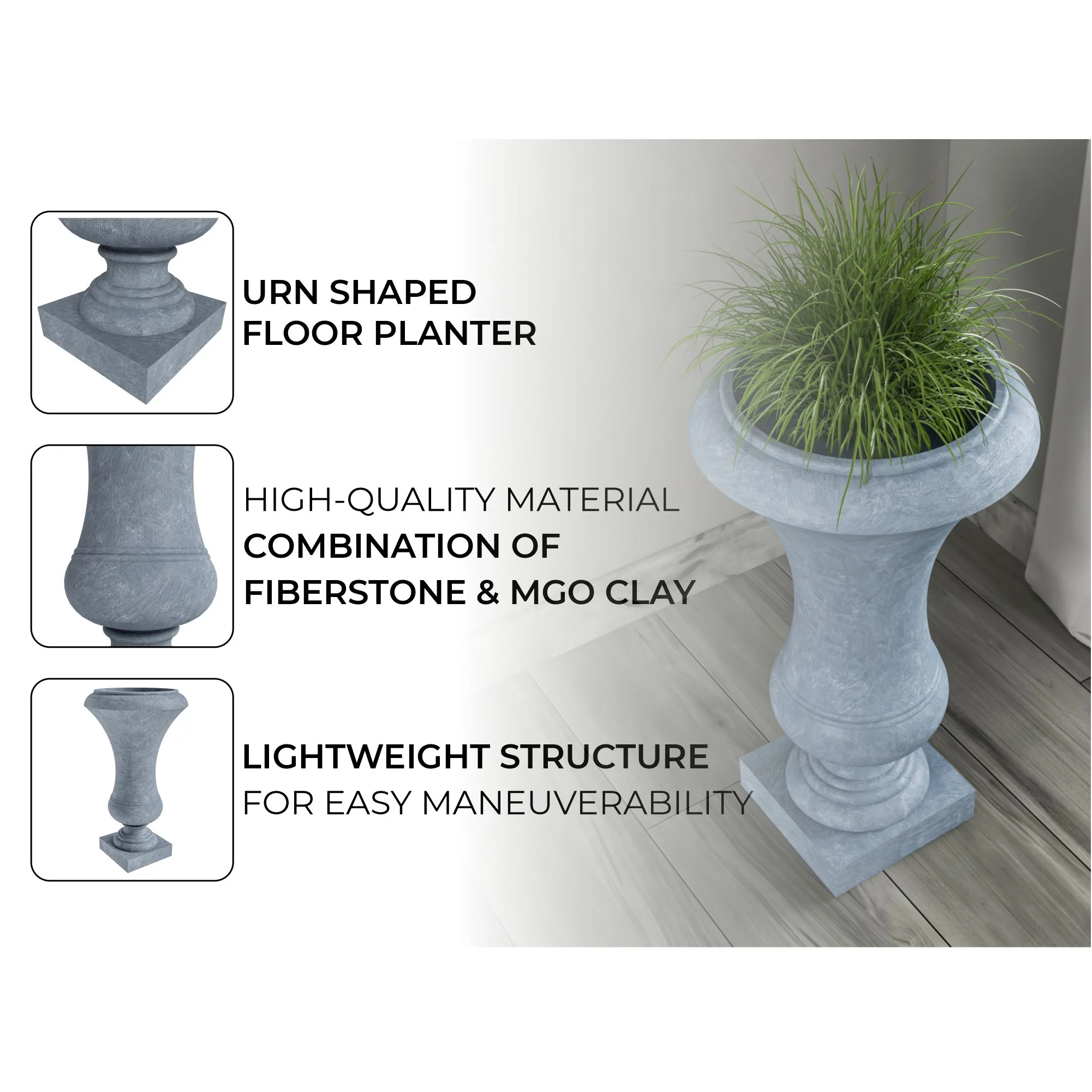 Daisy Series Poly Fiber Stone Planter in Aged Concrete, 14 Dia, 24.8 High