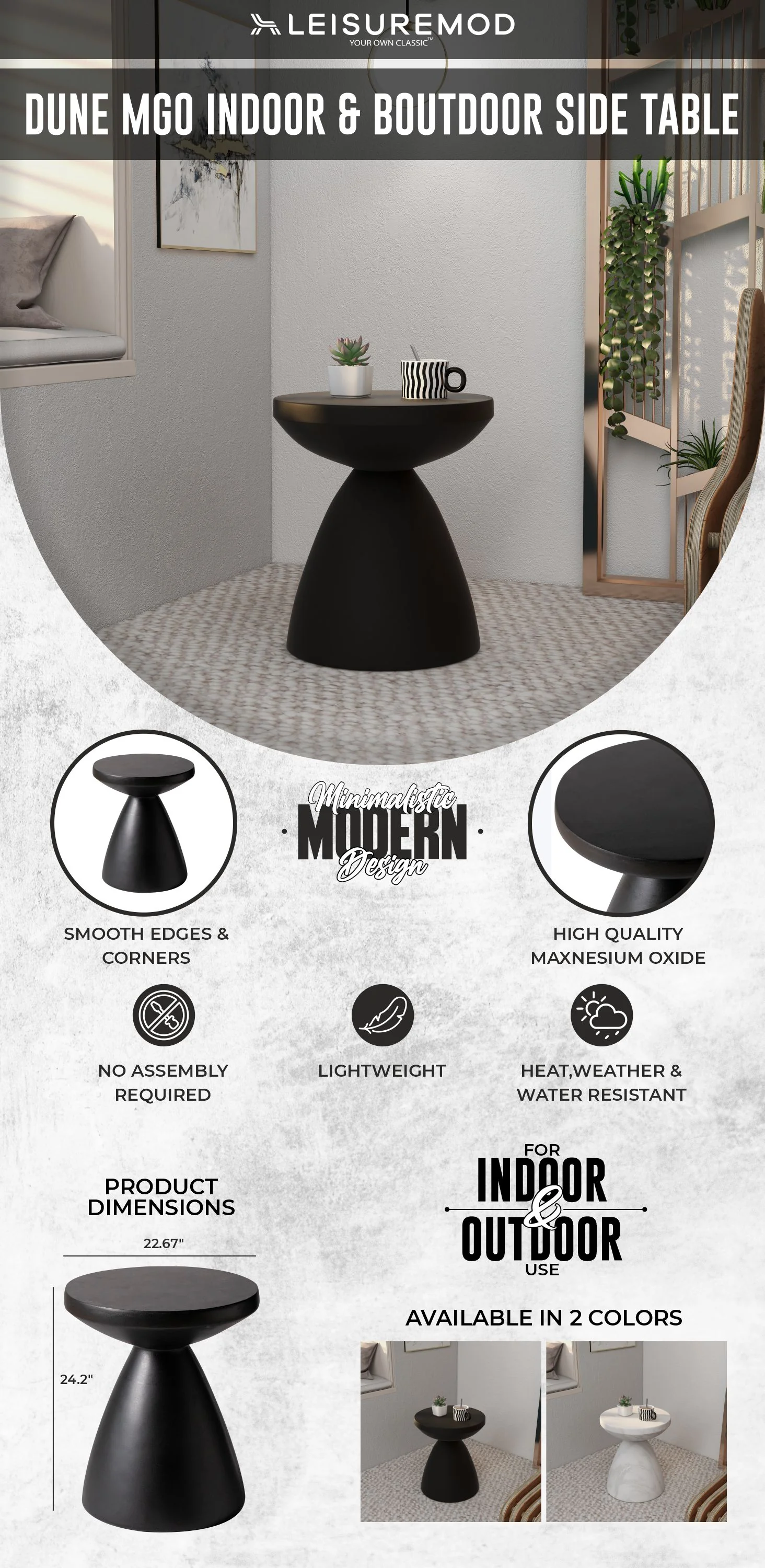 Dune Collection Fiberglass Outdoor Side Table in Black