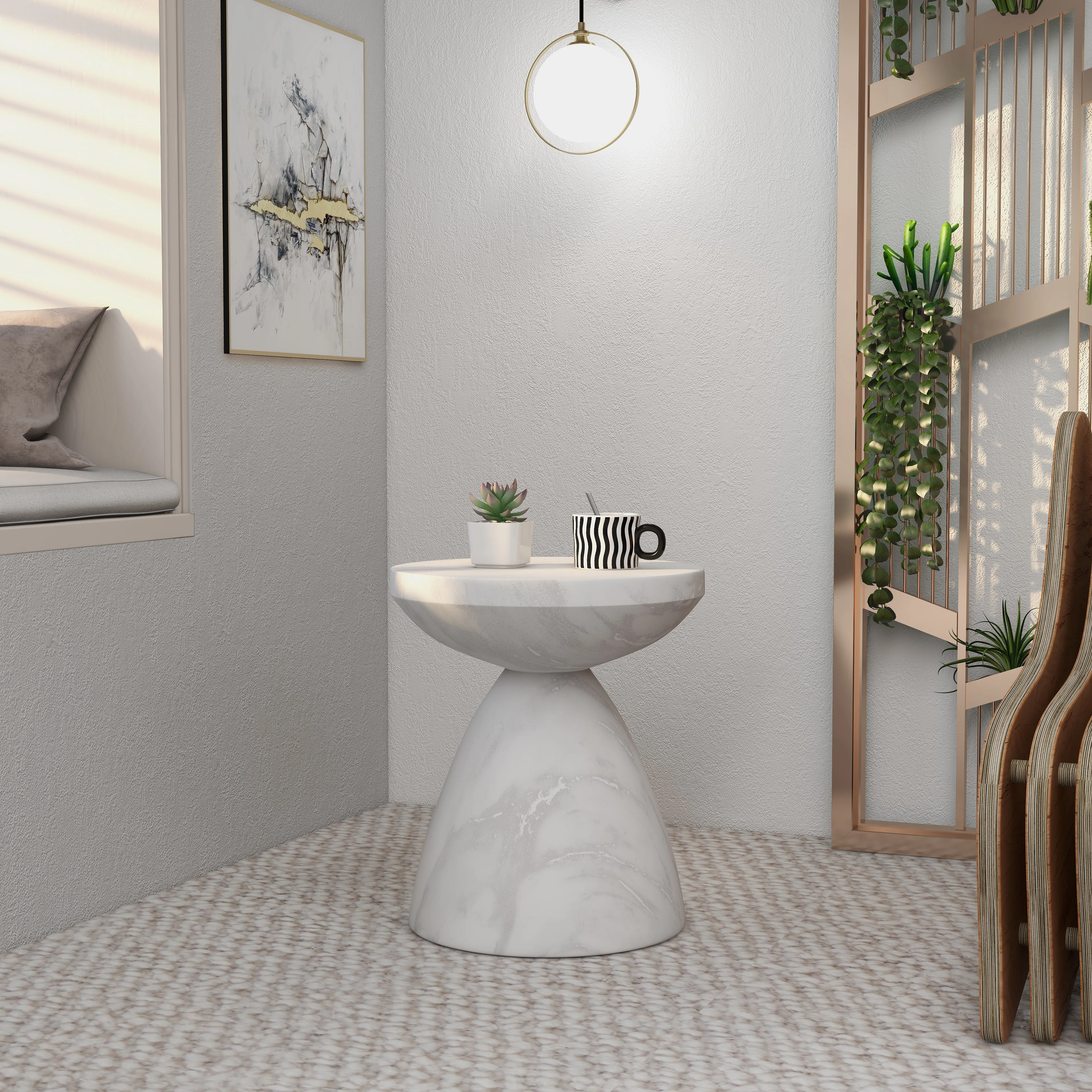 Dune Collection Fiberglass Outdoor Side Table in Marble White