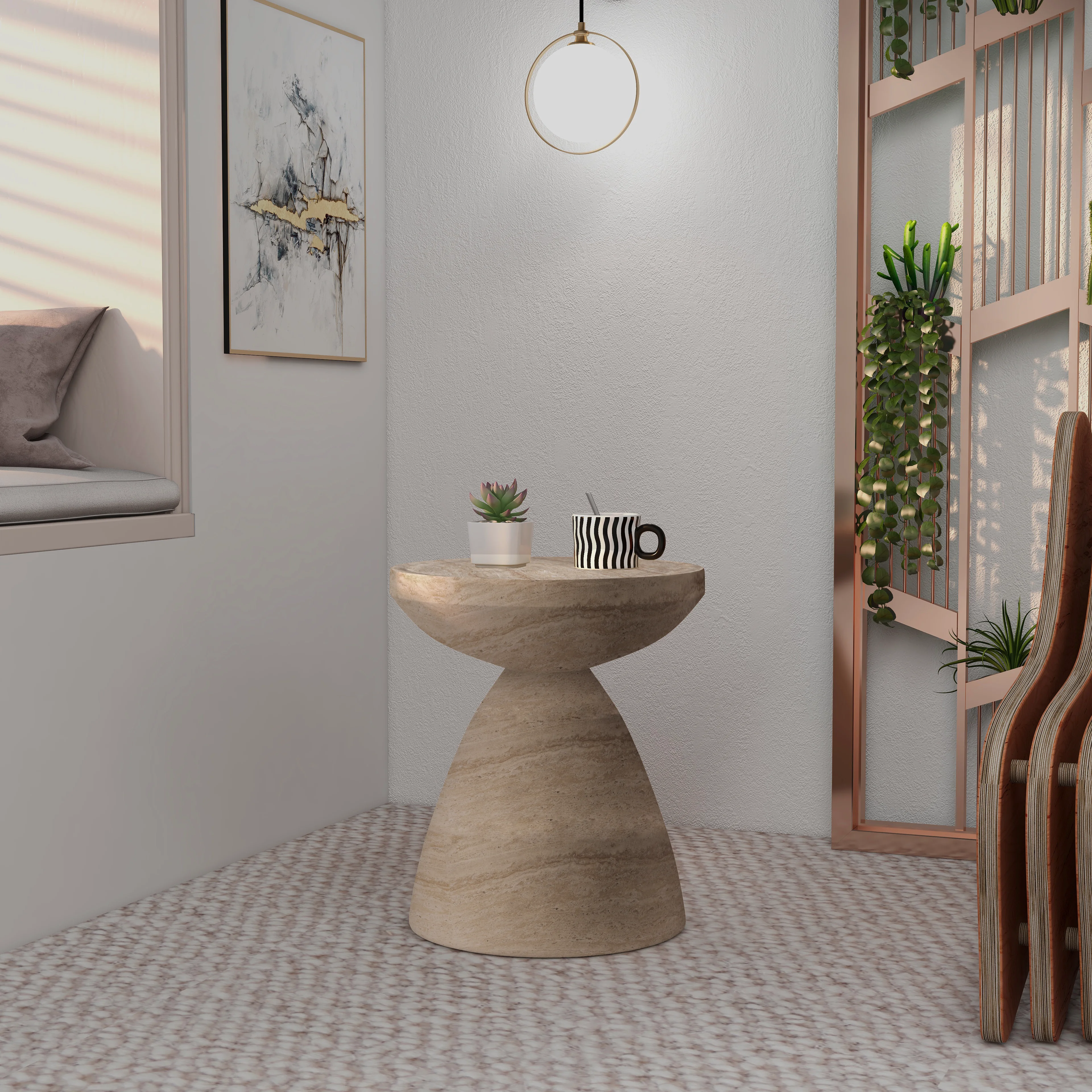 Dune Collection Fiberglass Outdoor Side Table in Travertine