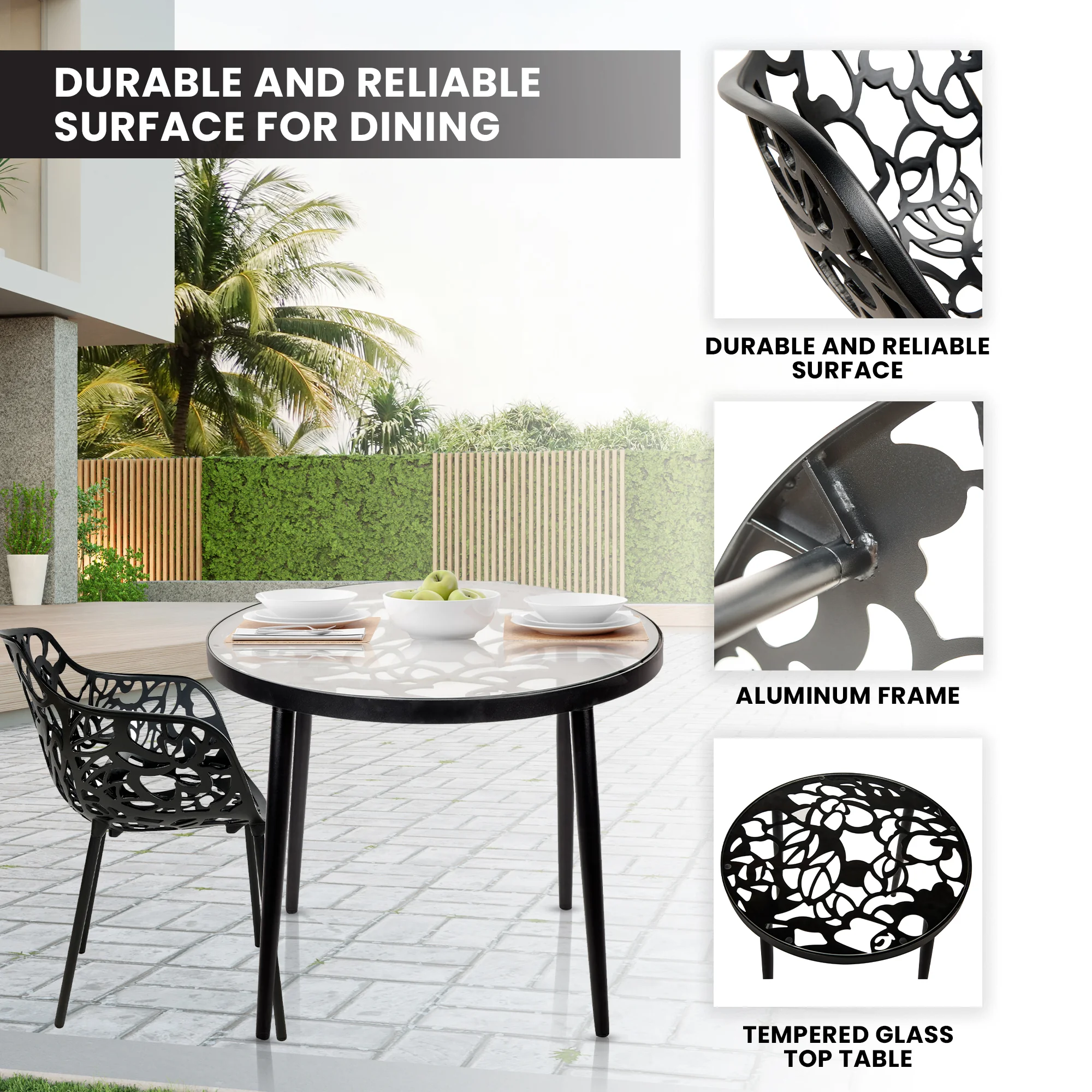 Devon Mid-Century Modern 3-Piece Aluminum Outdoor Patio Dining Set with Tempered Glass Top Table and 2 Stackable Flower Design Arm Chairs for Patio, Poolside, Balcony, and Backyard Garden