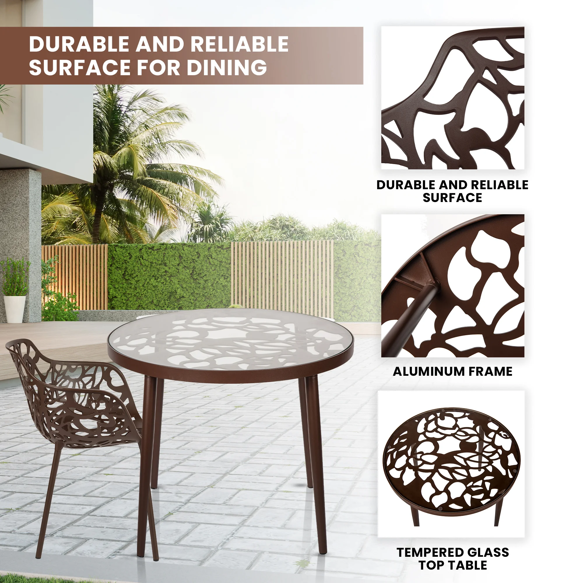 Devon Mid-Century Modern 3-Piece Aluminum Outdoor Patio Dining Set with Tempered Glass Top Table and 2 Stackable Flower Design Arm Chairs for Patio, Poolside, Balcony, and Backyard Garden
