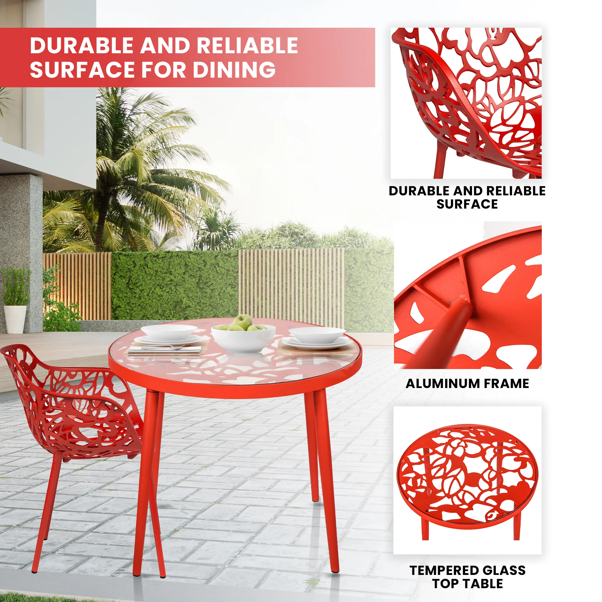 Devon Mid-Century Modern 3-Piece Aluminum Outdoor Patio Dining Set with Tempered Glass Top Table and 2 Stackable Flower Design Arm Chairs for Patio, Poolside, Balcony, and Backyard Garden