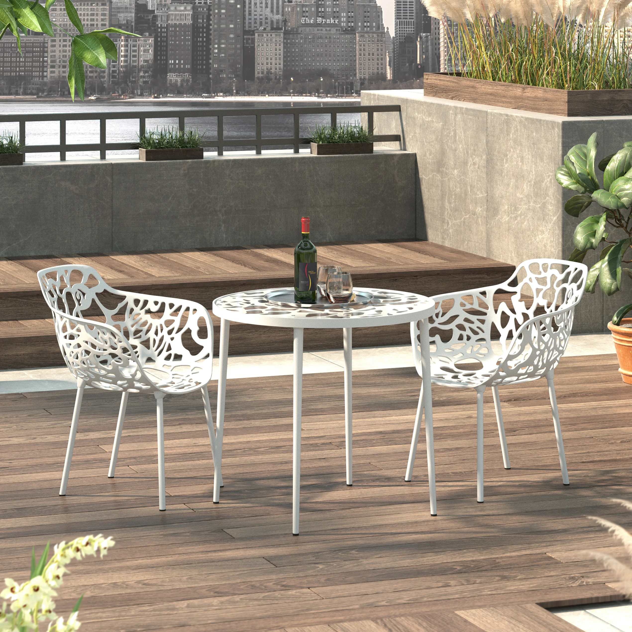 Devon Mid-Century Modern 3-Piece Aluminum Outdoor Patio Dining Set with Tempered Glass Top Table and 2 Stackable Flower Design Arm Chairs for Patio, Poolside, Balcony, and Backyard Garden