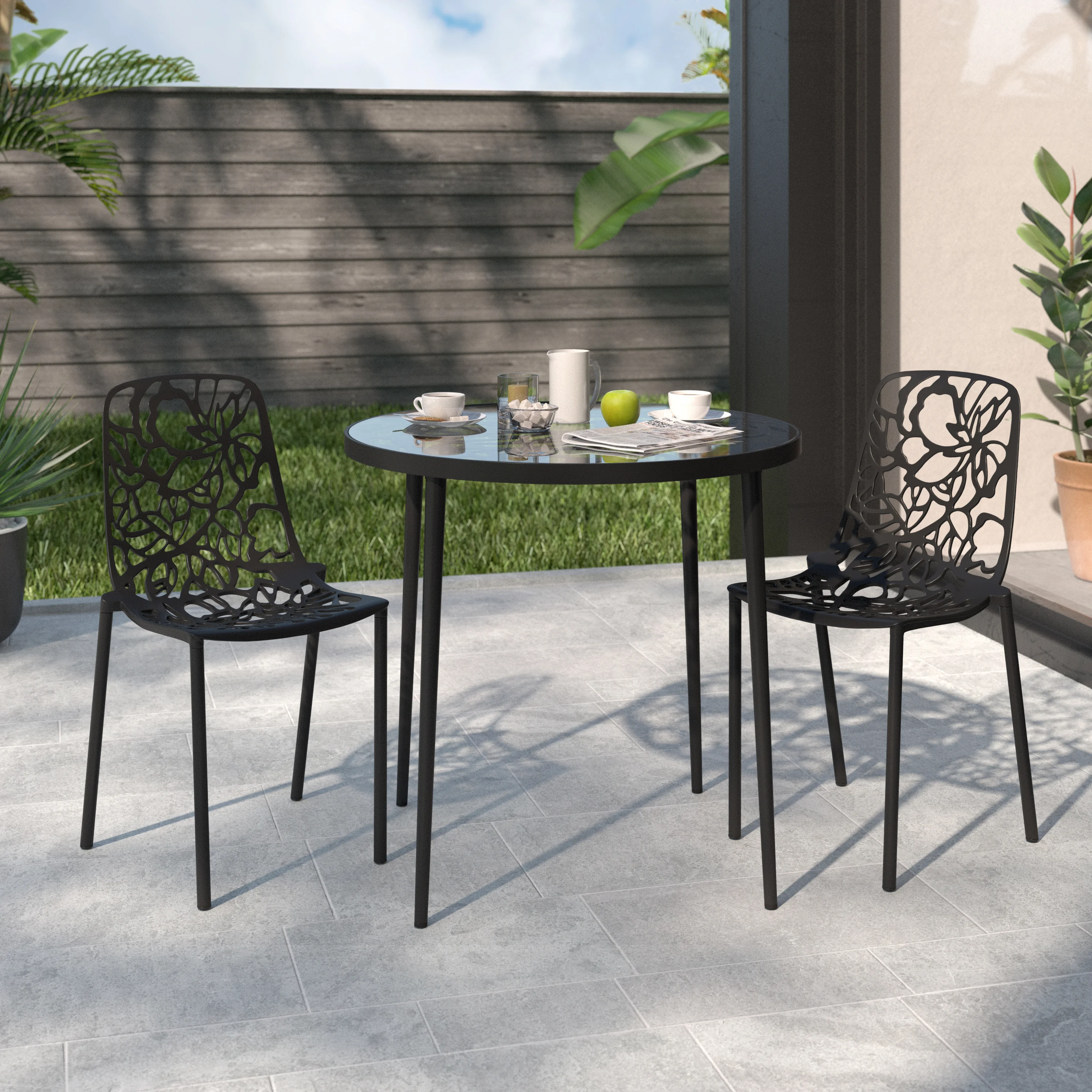 Devon Mid-Century Modern 3-Piece Aluminum Outdoor Patio Dining Set with Tempered Glass Top Table and 2 Stackable Flower Design Chairs for Patio, Poolside, Balcony, and Backyard Garden