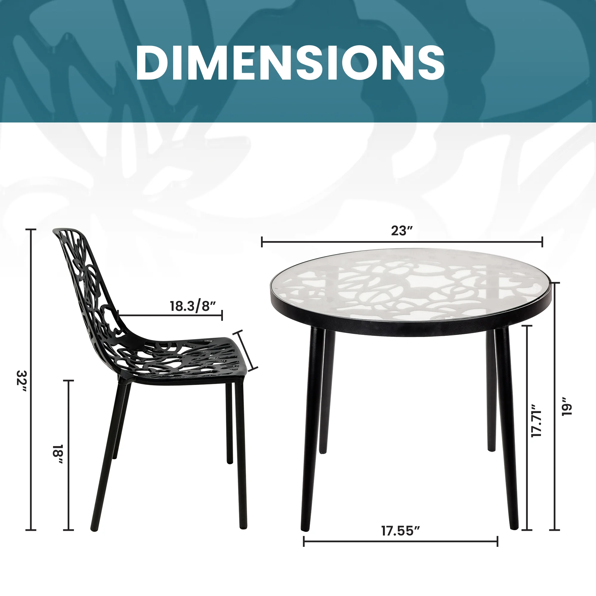 Devon Mid-Century Modern 3-Piece Aluminum Outdoor Patio Dining Set with Tempered Glass Top Table and 2 Stackable Flower Design Chairs for Patio, Poolside, Balcony, and Backyard Garden
