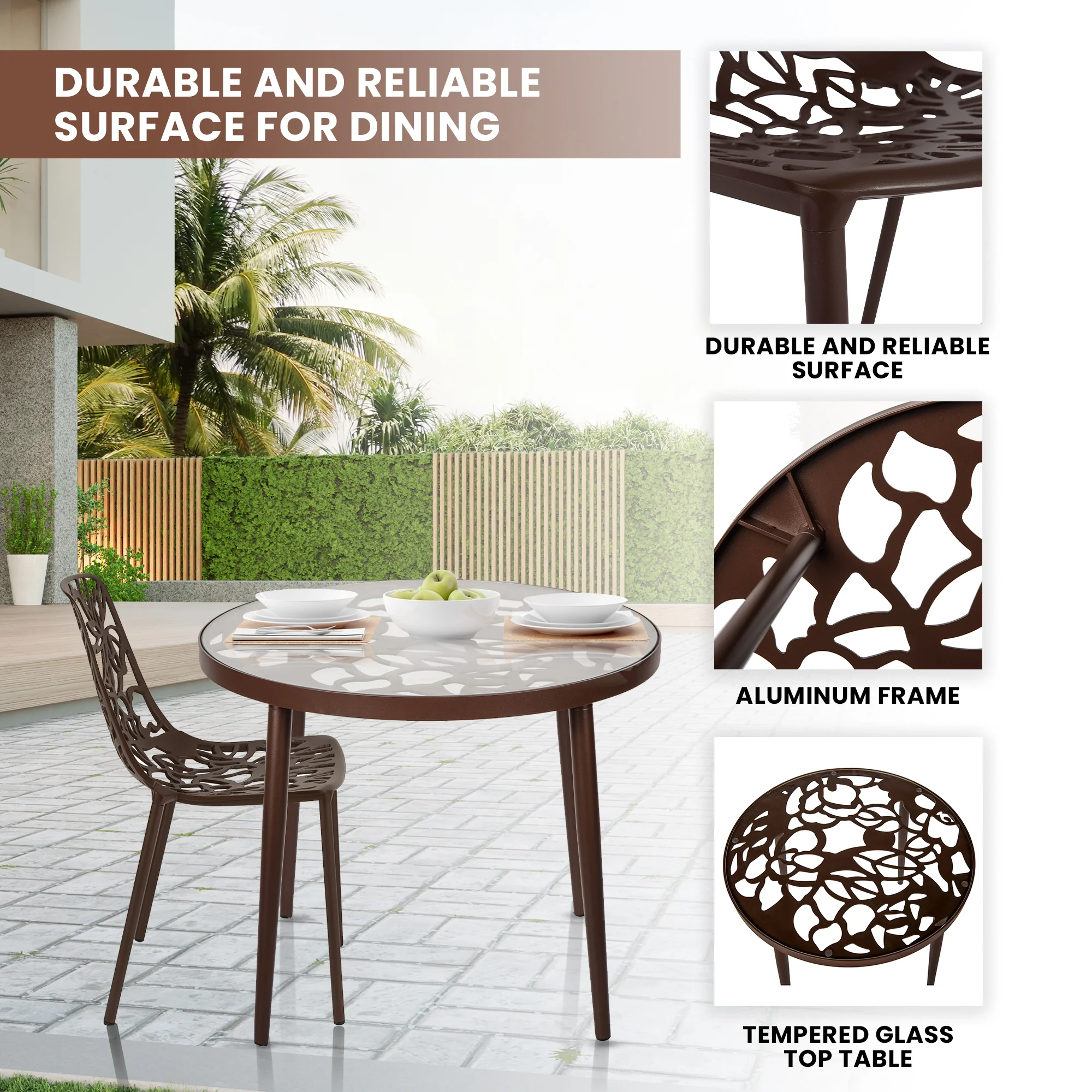 Devon Mid-Century Modern 3-Piece Aluminum Outdoor Patio Dining Set with Tempered Glass Top Table and 2 Stackable Flower Design Chairs for Patio, Poolside, Balcony, and Backyard Garden