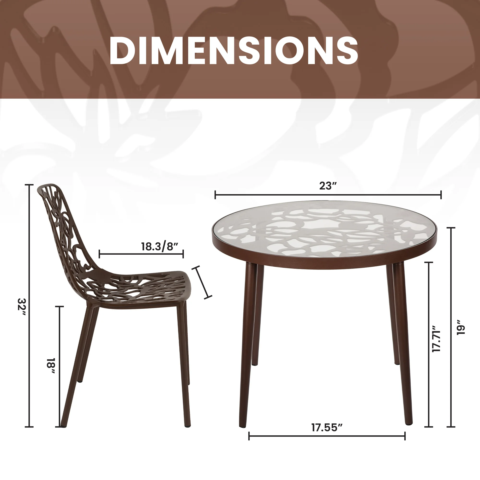 Devon Mid-Century Modern 3-Piece Aluminum Outdoor Patio Dining Set with Tempered Glass Top Table and 2 Stackable Flower Design Chairs for Patio, Poolside, Balcony, and Backyard Garden