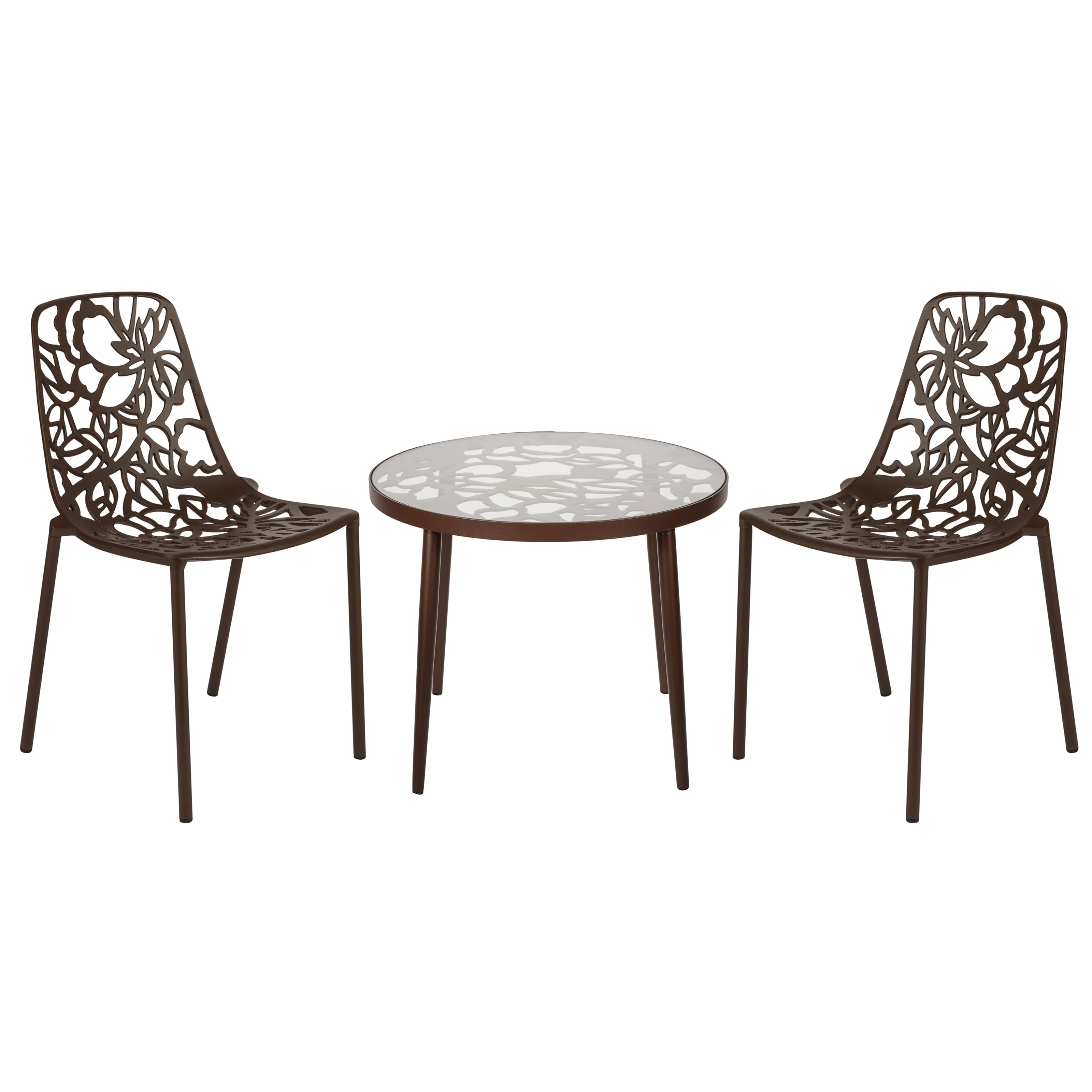 Devon Mid-Century Modern 3-Piece Aluminum Outdoor Patio Dining Set with Tempered Glass Top Table and 2 Stackable Flower Design Chairs for Patio, Poolside, Balcony, and Backyard Garden
