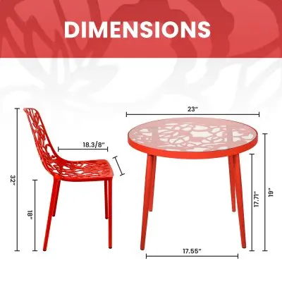Devon Mid-Century Modern 3-Piece Aluminum Outdoor Patio Dining Set with Tempered Glass Top Table and 2 Stackable Flower Design Chairs for Patio, Poolside, Balcony, and Backyard Garden