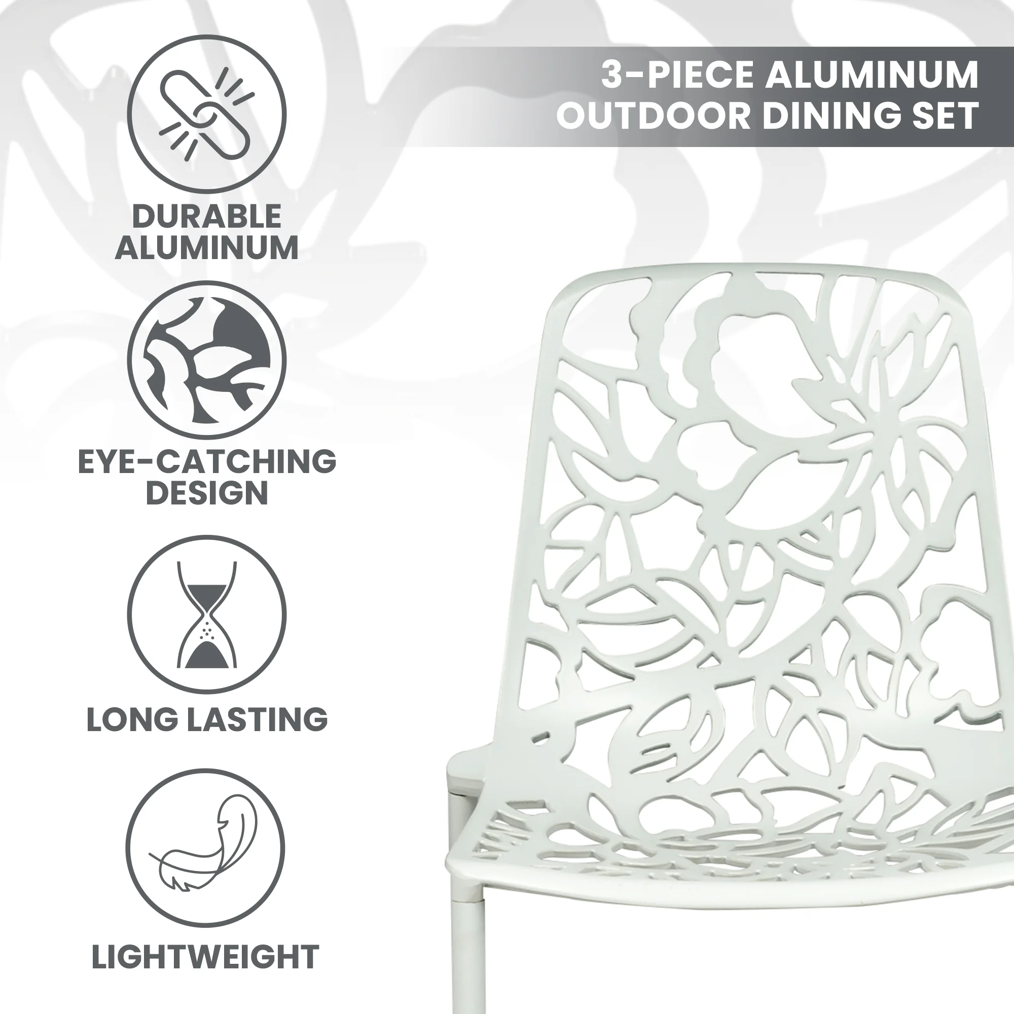 Devon Mid-Century Modern 3-Piece Aluminum Outdoor Patio Dining Set with Tempered Glass Top Table and 2 Stackable Flower Design Chairs for Patio, Poolside, Balcony, and Backyard Garden
