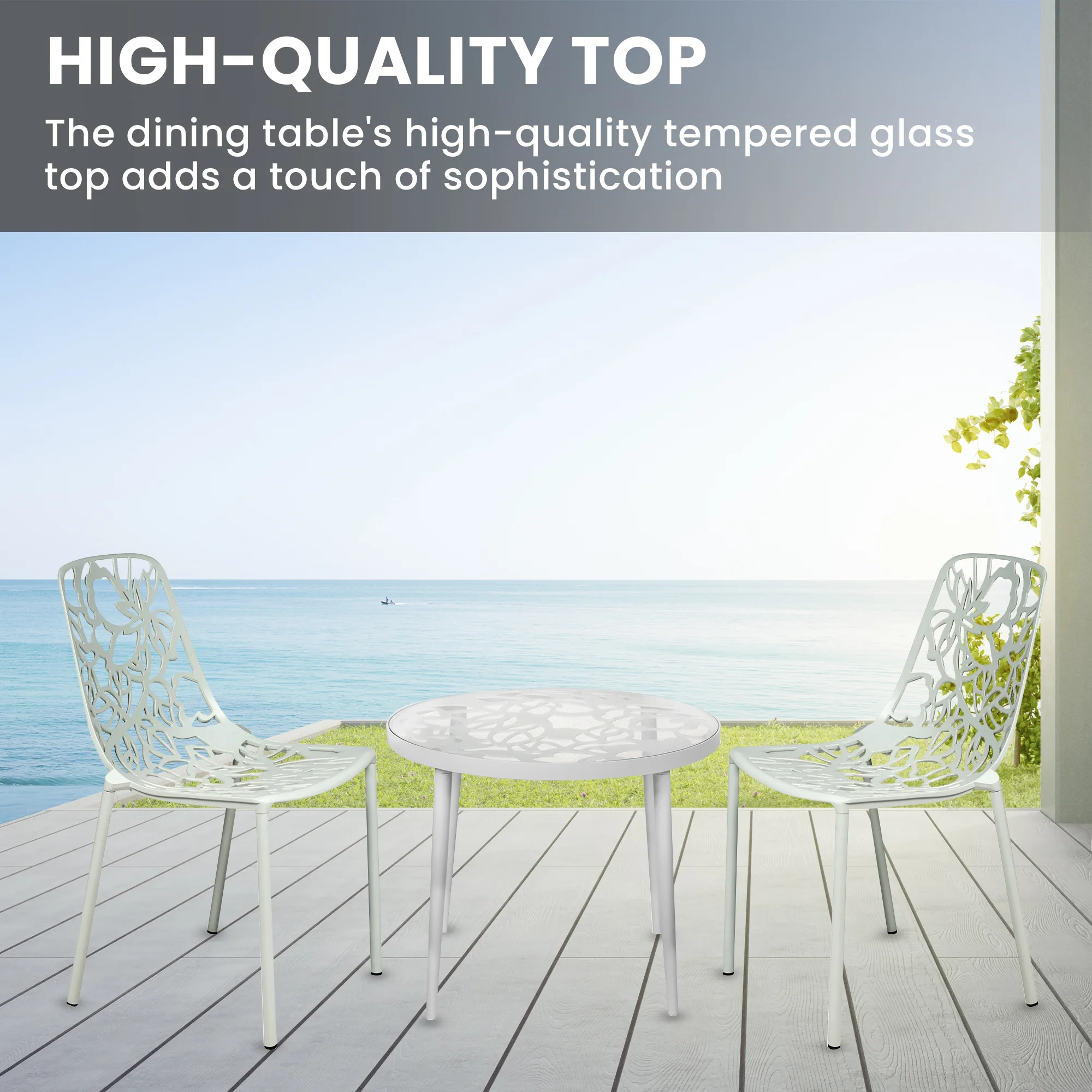 Devon Mid-Century Modern 3-Piece Aluminum Outdoor Patio Dining Set with Tempered Glass Top Table and 2 Stackable Flower Design Chairs for Patio, Poolside, Balcony, and Backyard Garden