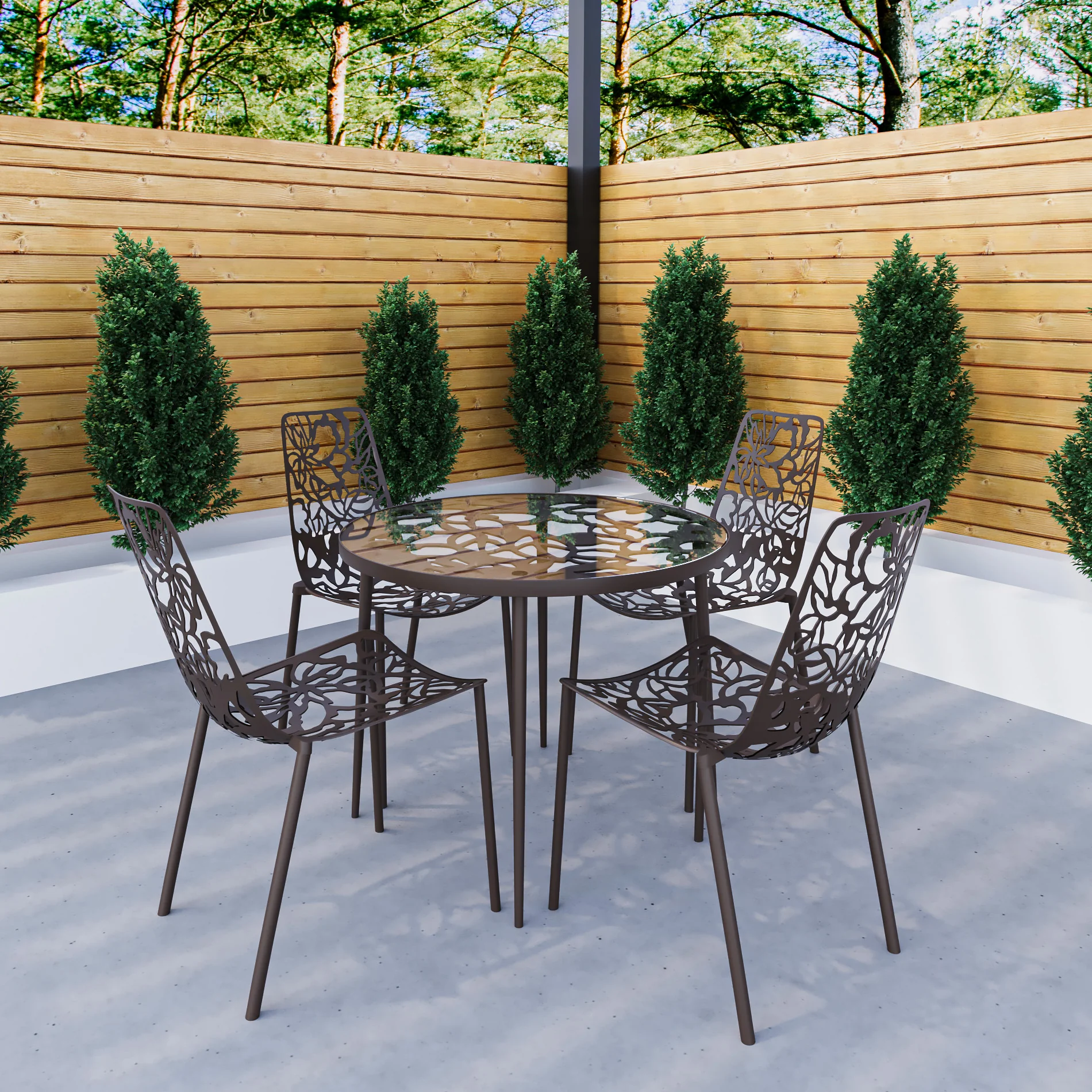 Devon Mid-Century Modern 5-Piece Aluminum Outdoor Patio Dining Set with Tempered Glass Top Table and 4 Stackable Flower Design Chairs for Patio, Poolside, Balcony, and Backyard Garden