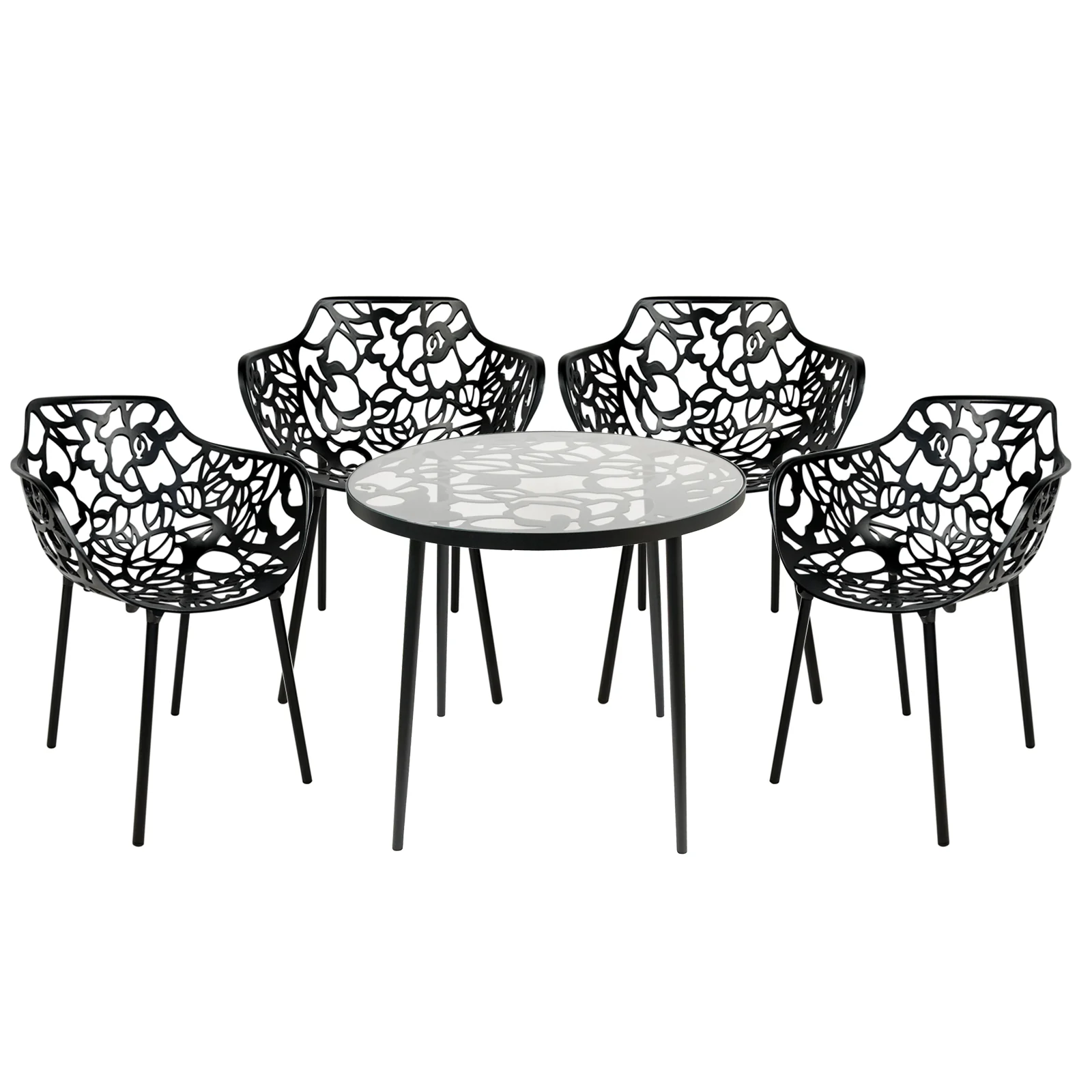 Devon Mid-Century Modern 5-Piece Aluminum Outdoor Patio Dining Set with Tempered Glass Top Table and 4 Stackable Flower Design Arm Chairs for Patio, Poolside, Balcony, and Backyard Garden