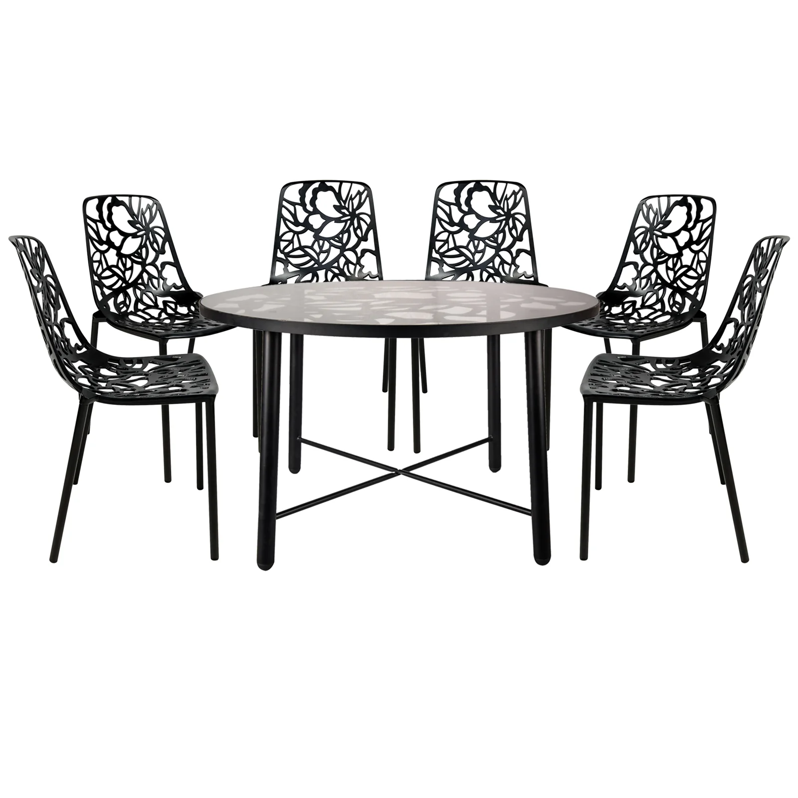 Devon Mid-Century Modern 7-Piece Aluminum Outdoor Patio Dining Set with Tempered Glass Top Table and 6 Stackable Flower Design Chairs for Patio, Poolside, Balcony, and Backyard Garden