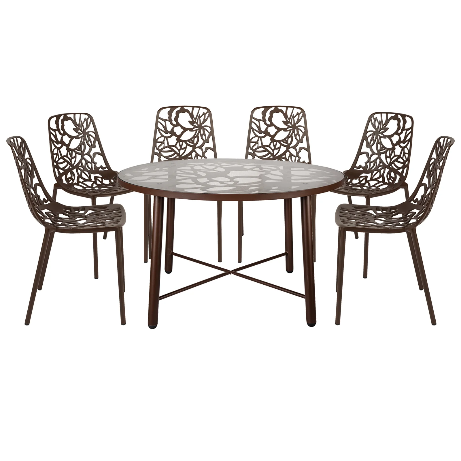Devon Mid-Century Modern 7-Piece Aluminum Outdoor Patio Dining Set with Tempered Glass Top Table and 6 Stackable Flower Design Chairs for Patio, Poolside, Balcony, and Backyard Garden