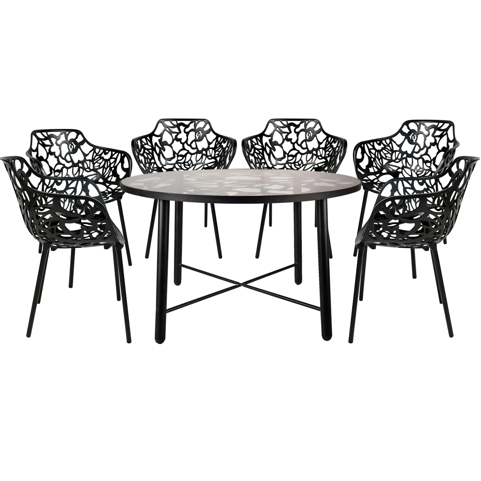 Devon Mid-Century Modern 7-Piece Aluminum Outdoor Patio Dining Set with Tempered Glass Top Table and 6 Stackable Flower Design Arm Chairs for Patio, Poolside, Balcony, and Backyard Garden