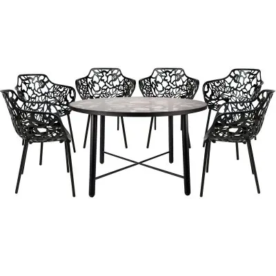 Devon Mid-Century Modern 7-Piece Aluminum Outdoor Patio Dining Set with Tempered Glass Top Table and 6 Stackable Flower Design Arm Chairs for Patio, Poolside, Balcony, and Backyard Garden