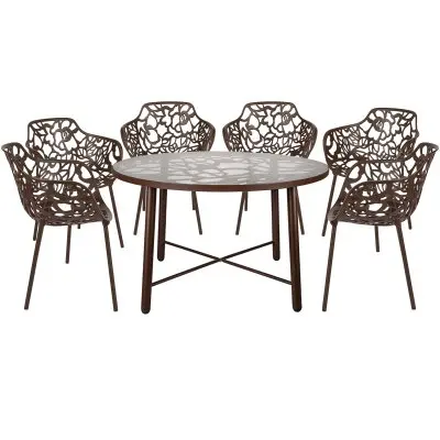 Devon Mid-Century Modern 7-Piece Aluminum Outdoor Patio Dining Set with Tempered Glass Top Table and 6 Stackable Flower Design Arm Chairs for Patio, Poolside, Balcony, and Backyard Garden