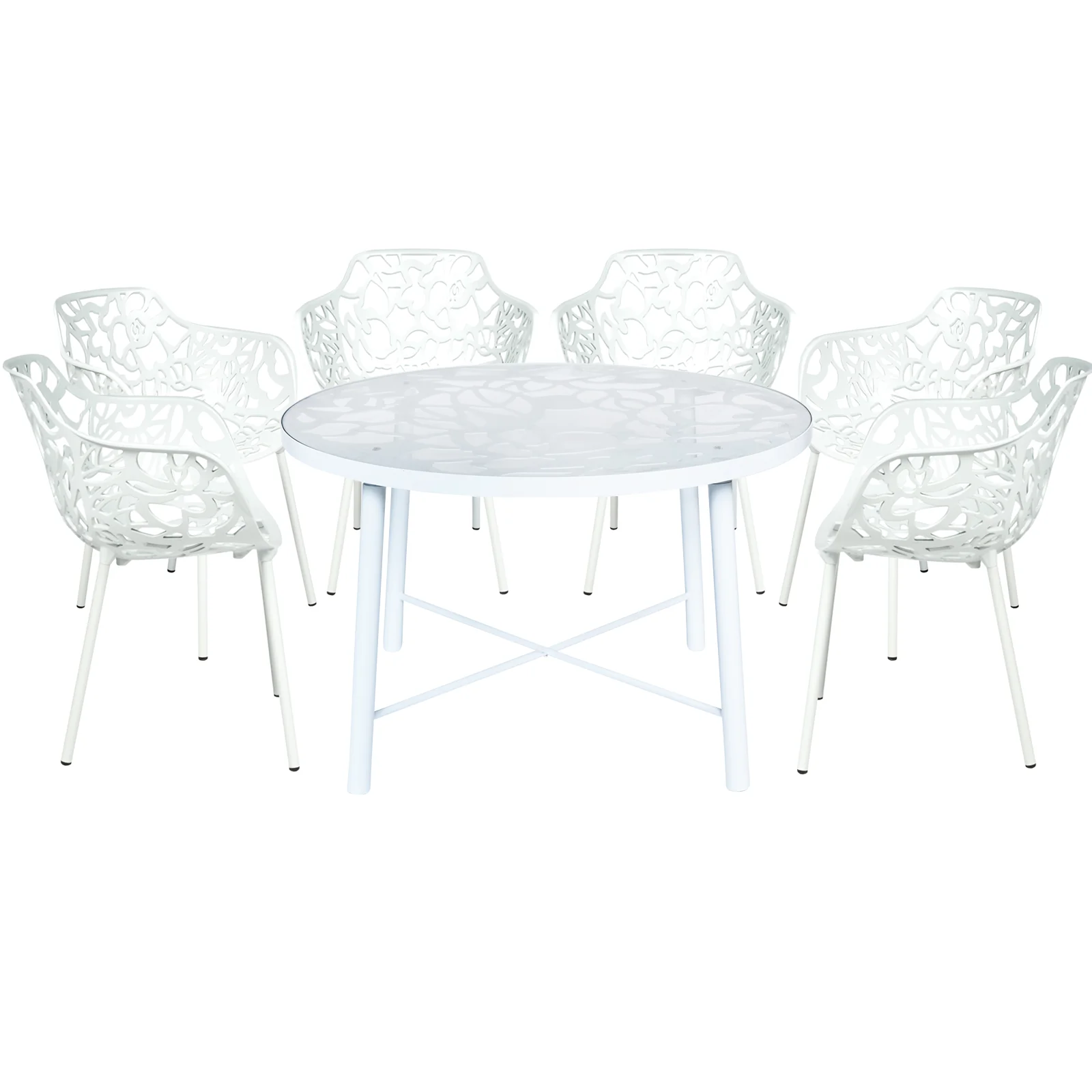 Devon Mid-Century Modern 7-Piece Aluminum Outdoor Patio Dining Set with Tempered Glass Top Table and 6 Stackable Flower Design Arm Chairs for Patio, Poolside, Balcony, and Backyard Garden