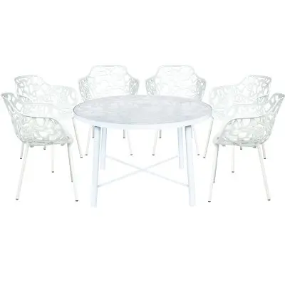 Devon Mid-Century Modern 7-Piece Aluminum Outdoor Patio Dining Set with Tempered Glass Top Table and 6 Stackable Flower Design Arm Chairs for Patio, Poolside, Balcony, and Backyard Garden