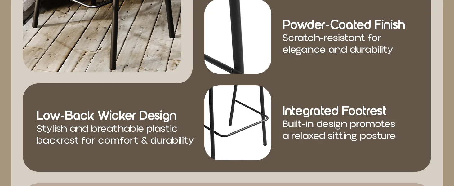 Ervilla Wicker Bar Stool with Fabric Seat and Black Steel Frame - Beige Leather