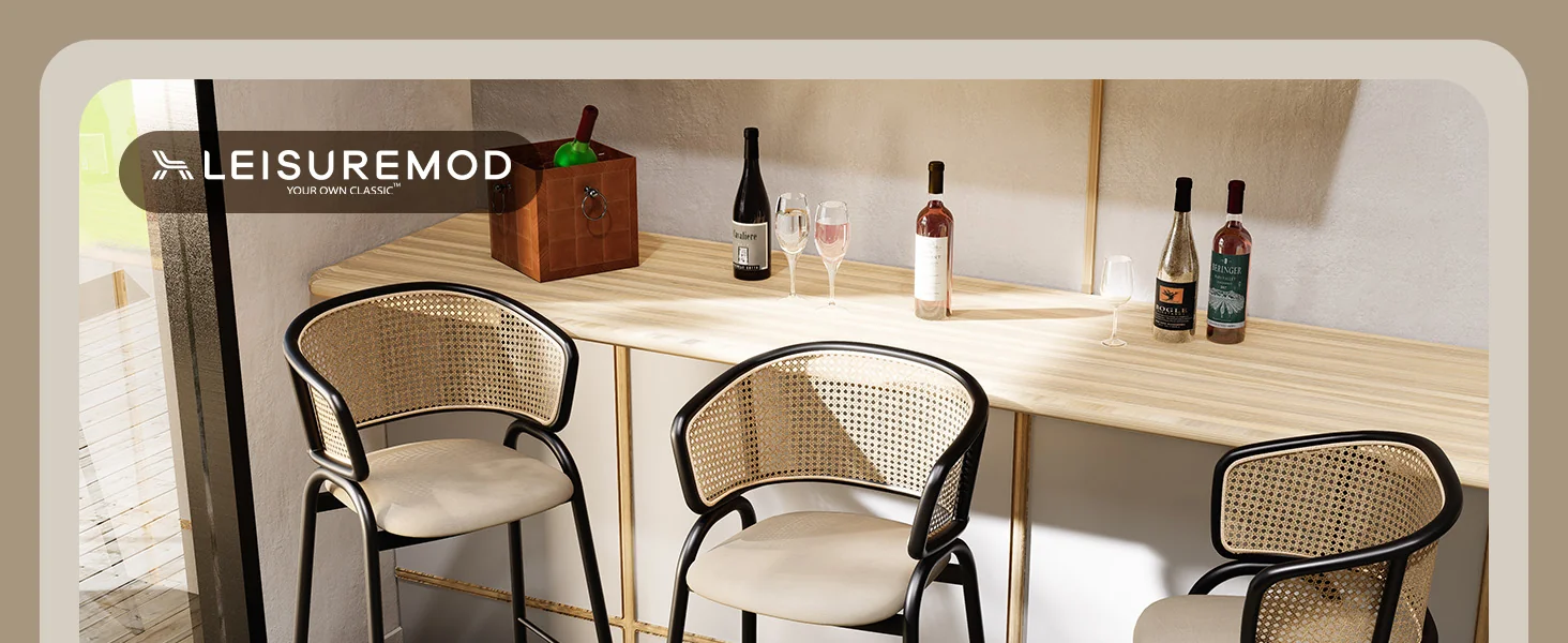 Ervilla Wicker Bar Stool with Fabric Seat and Black Steel Frame - Beige Leather