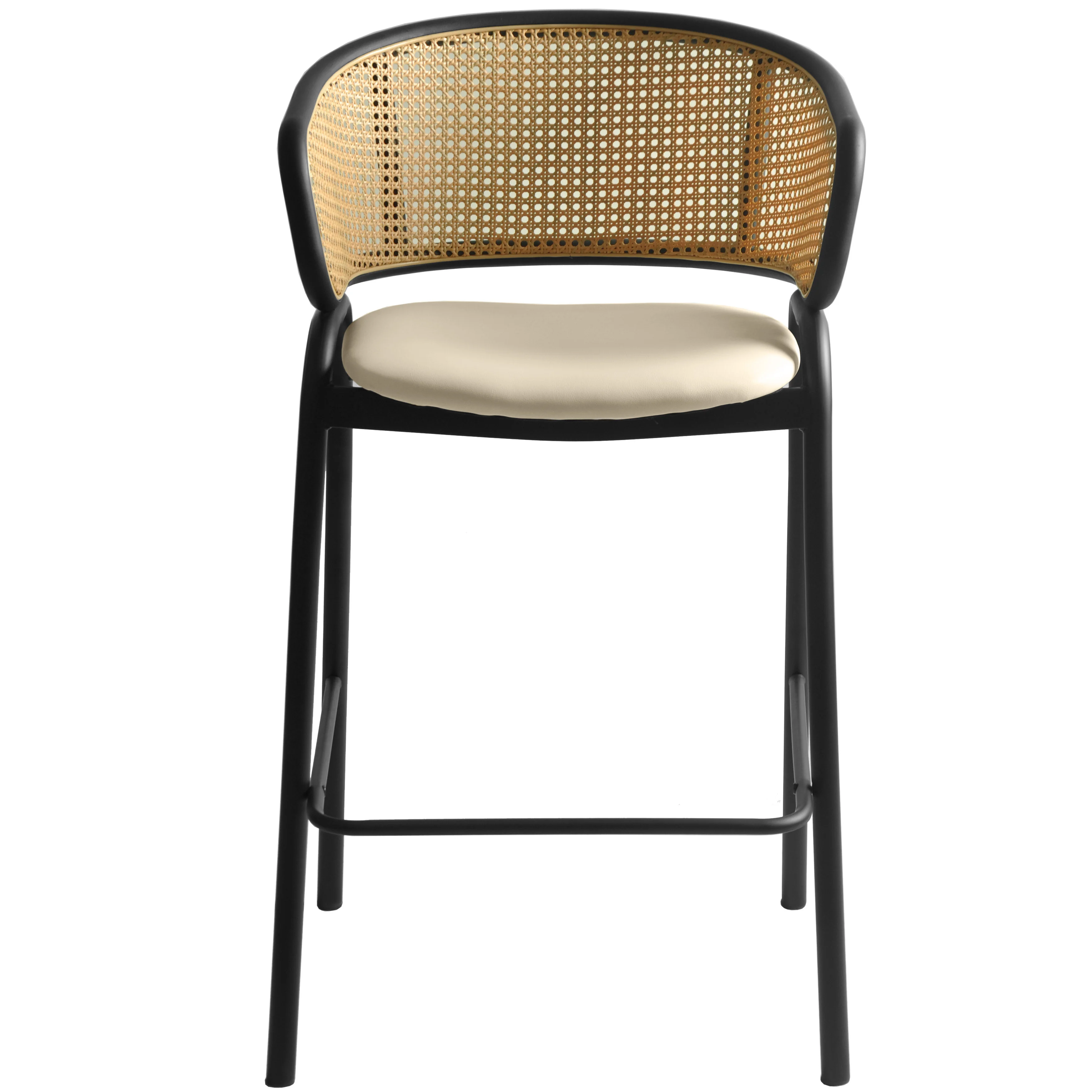 Ervilla Wicker Bar Stool with Fabric Seat and Black Steel Frame - Beige Leather