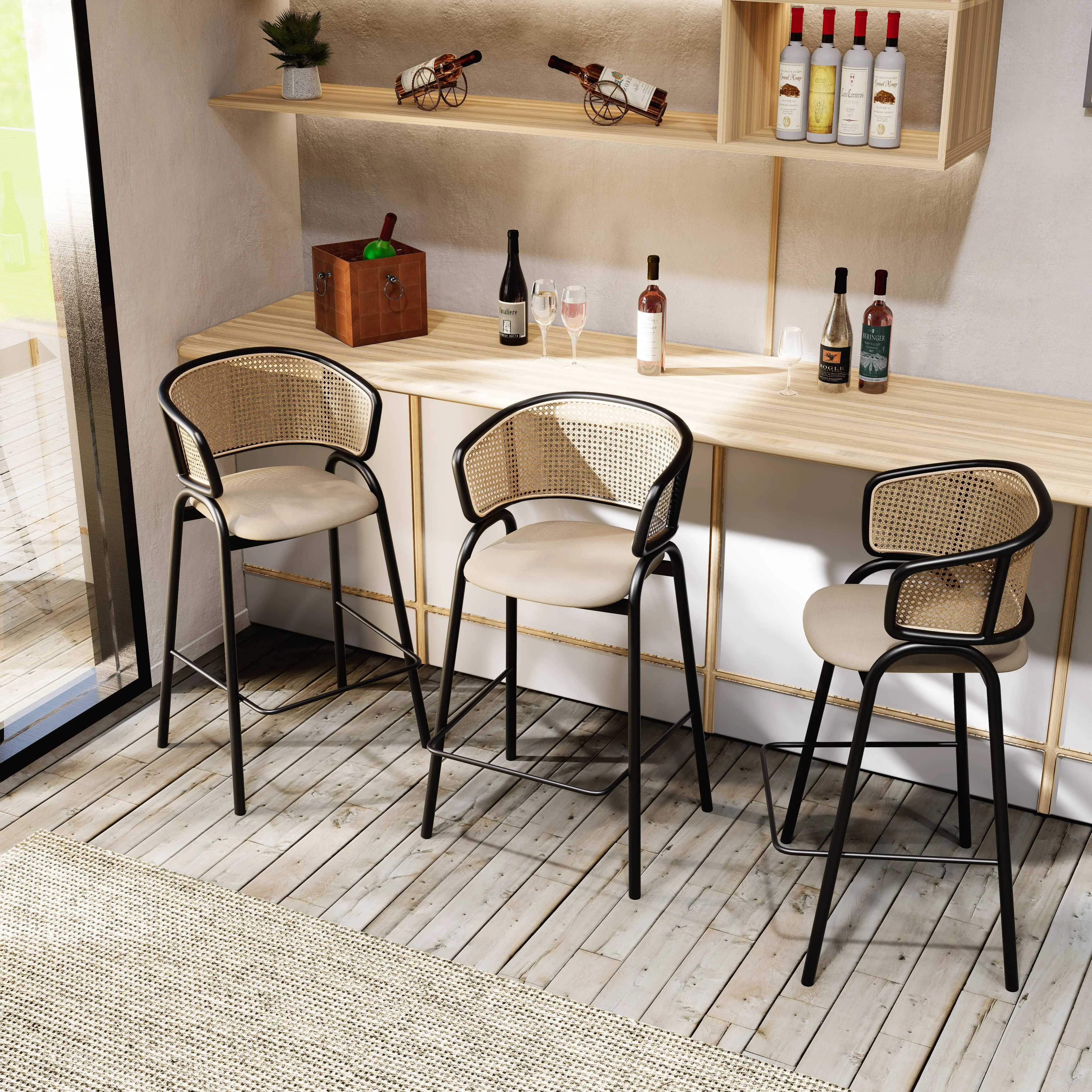 Ervilla Wicker Bar Stool with Fabric Seat and Black Steel Frame - Beige Leather
