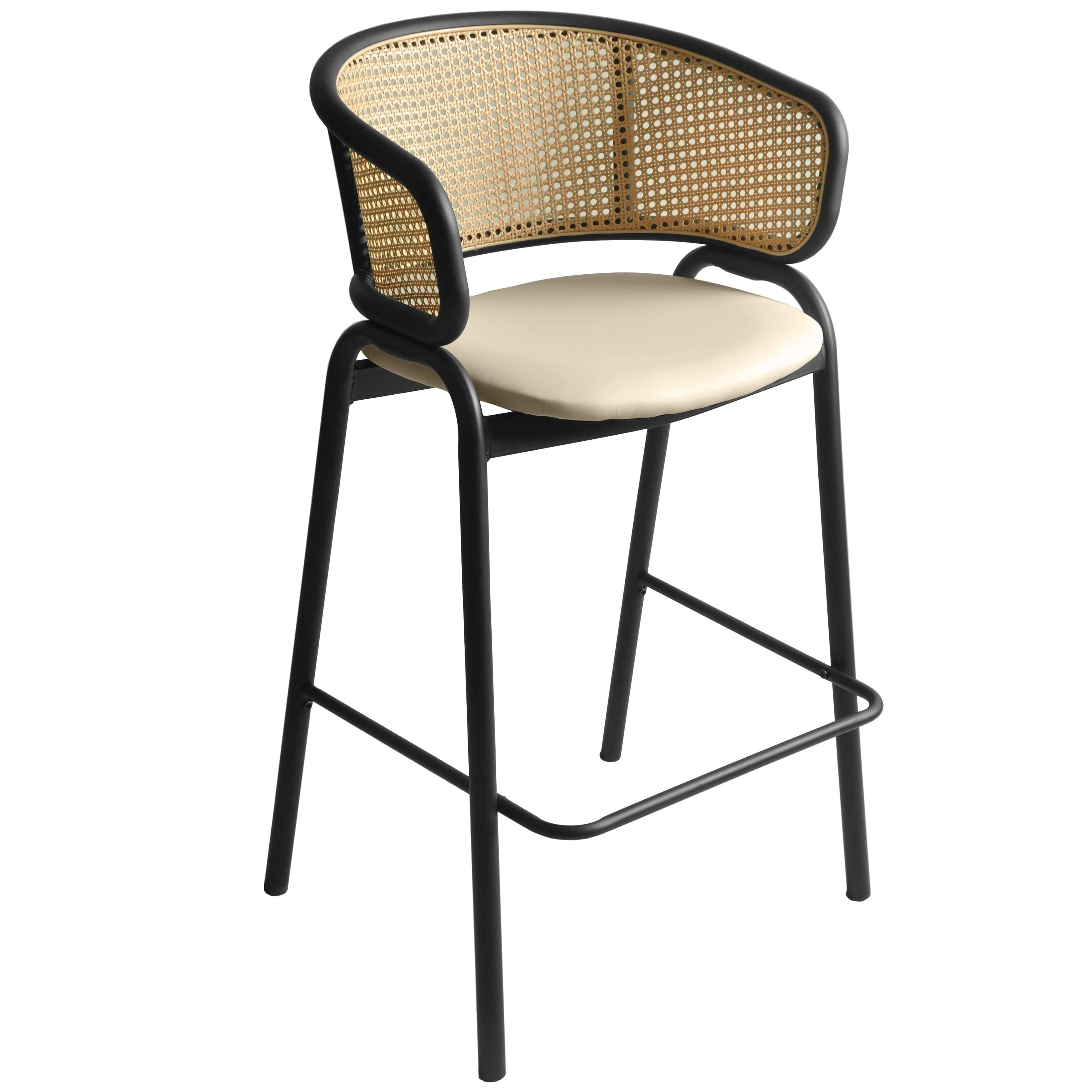 Ervilla Wicker Bar Stool with Fabric Seat and Black Steel Frame - Beige Leather