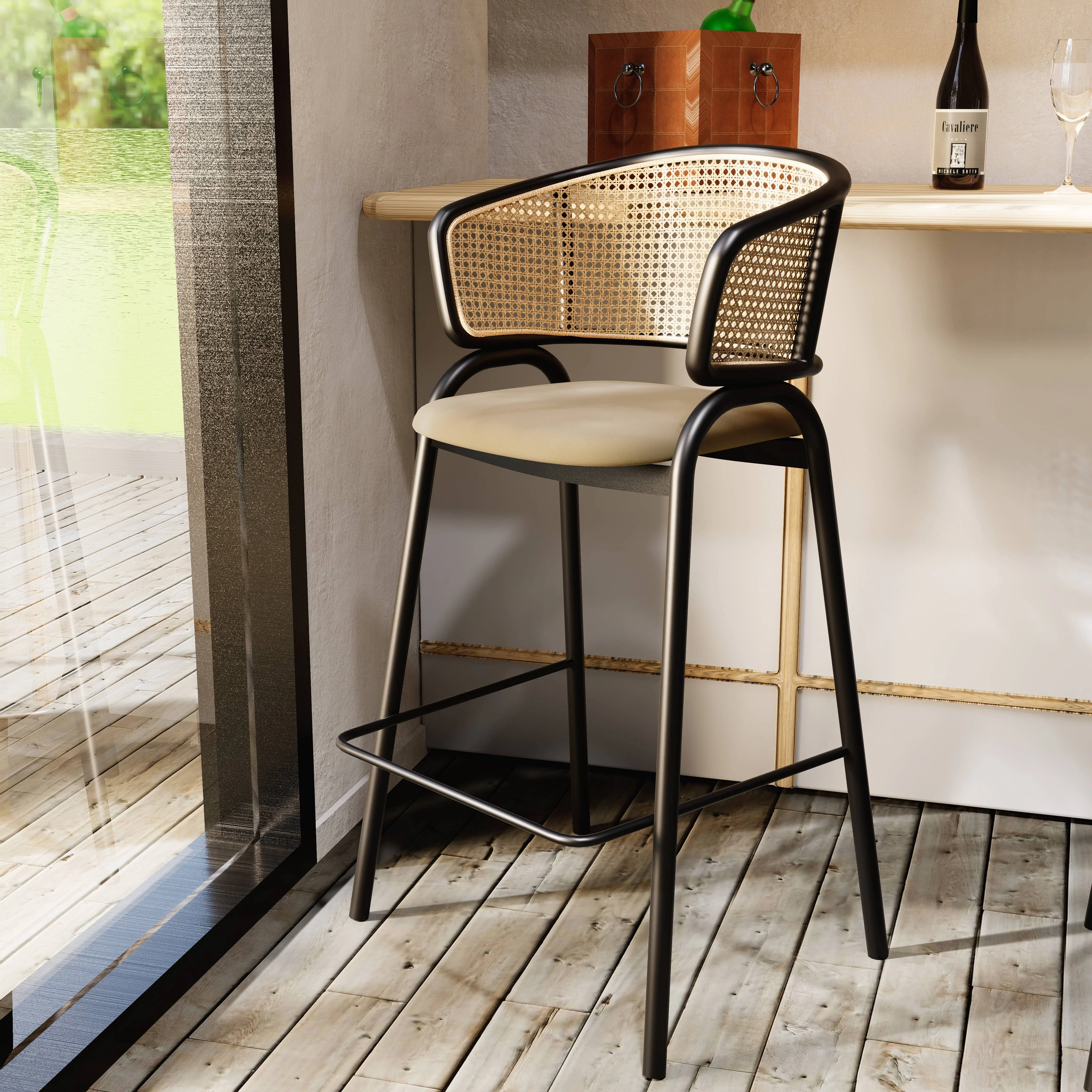 Ervilla Wicker Bar Stool with Fabric Seat and Black Steel Frame - Beige Leather