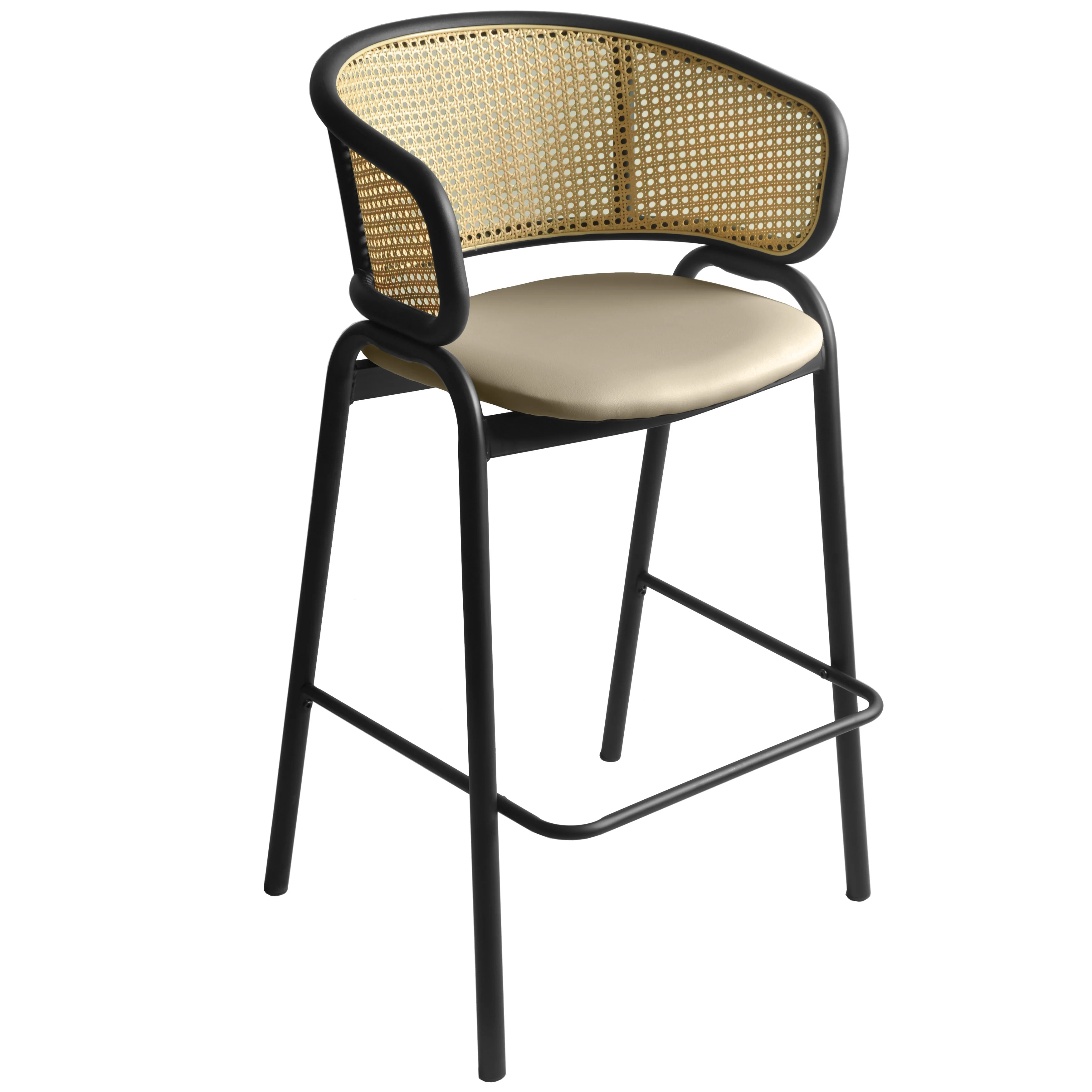 Ervilla Wicker Bar Stool with Fabric Seat and Black Steel Frame - Beige Leather