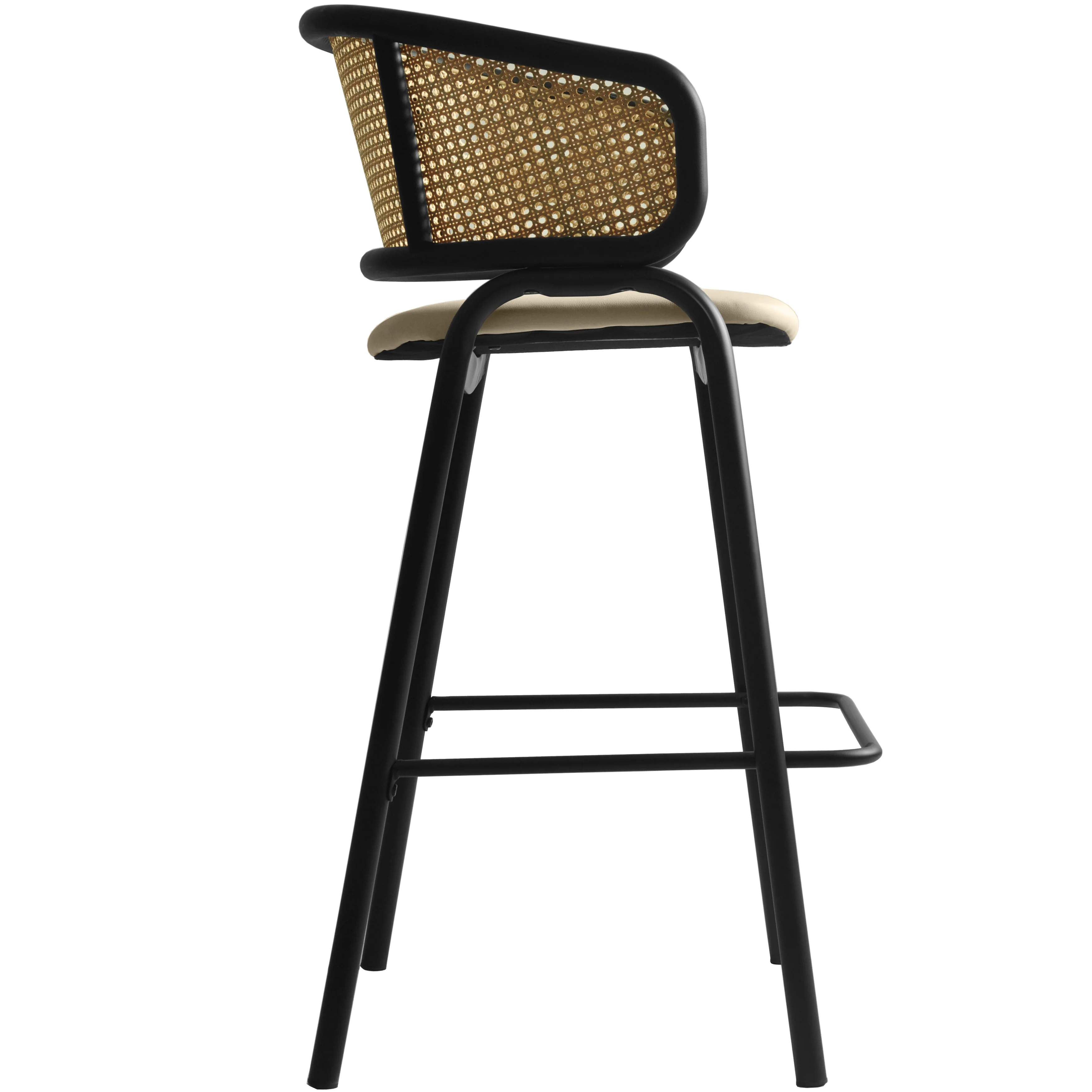 Ervilla Wicker Bar Stool with Fabric Seat and Black Steel Frame - Beige Leather
