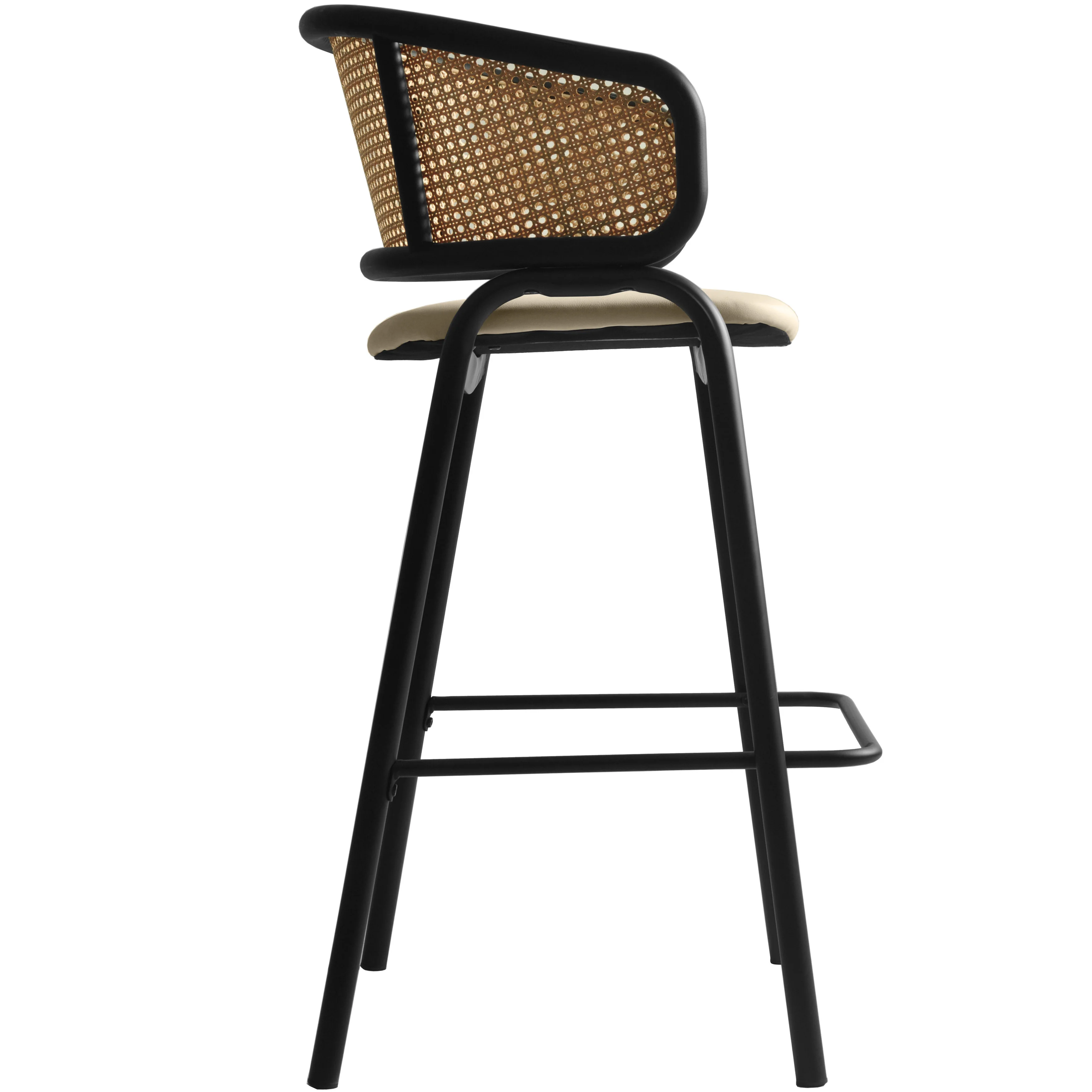 Ervilla Wicker Bar Stool with Fabric Seat and Black Steel Frame - Beige Leather - Set of 2