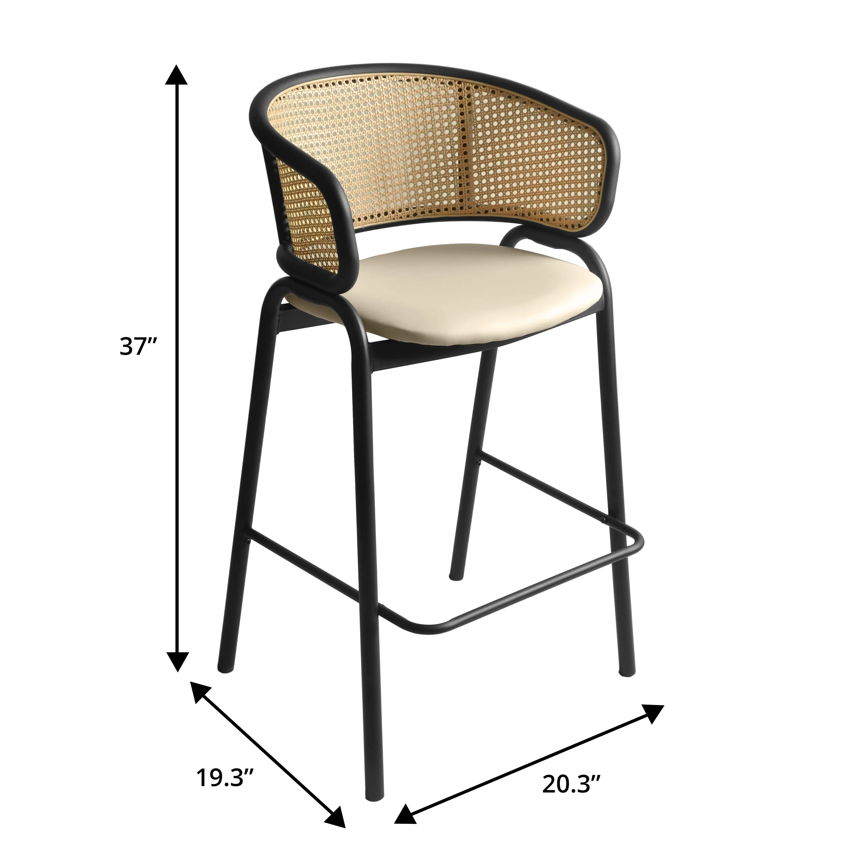 Ervilla Wicker Bar Stool with Fabric Seat and Black Steel Frame - Beige Leather - Set of 2