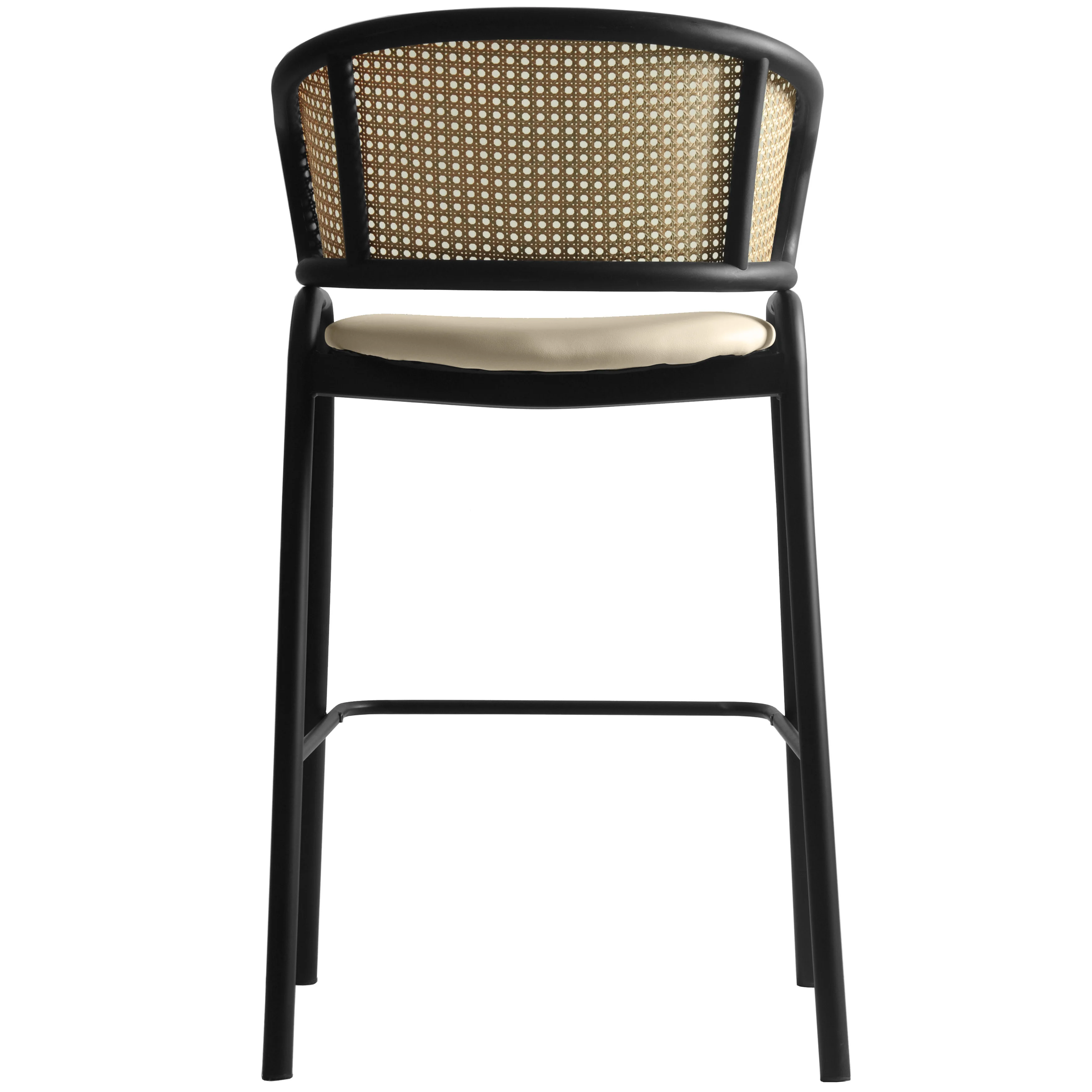 Ervilla Wicker Bar Stool with Fabric Seat and Black Steel Frame - Beige Leather - Set of 2
