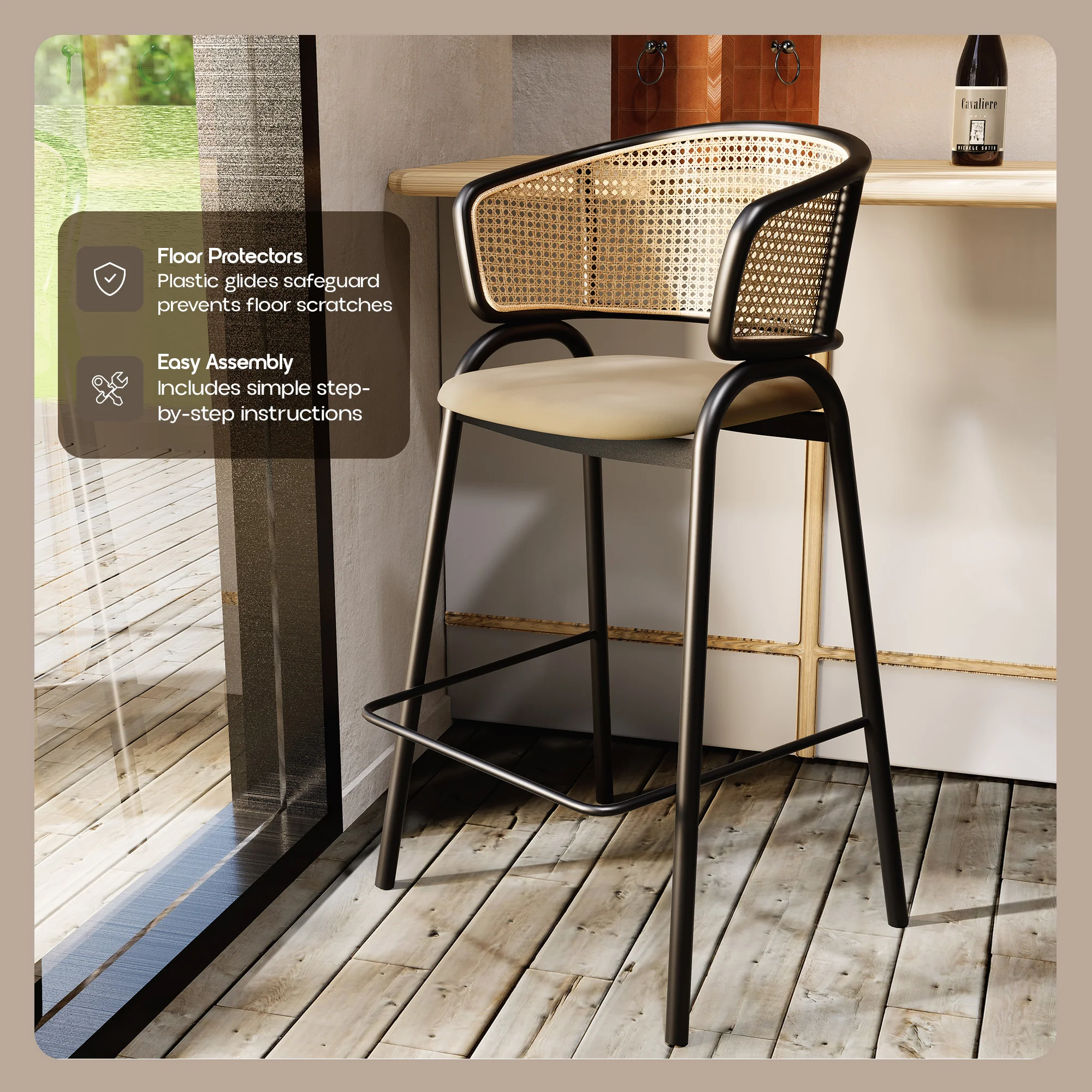 Ervilla Wicker Bar Stool with Fabric Seat and Black Steel Frame - Beige Leather - Set of 2