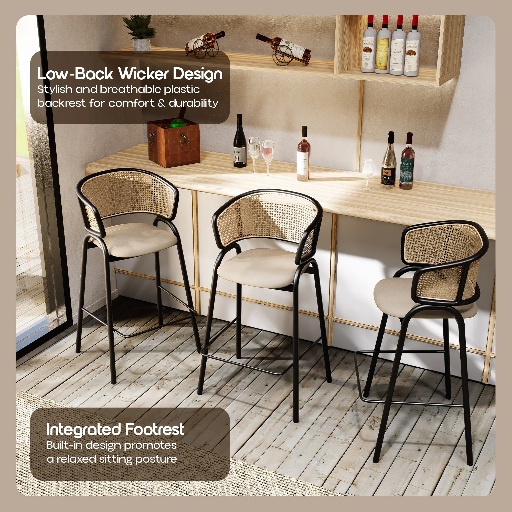 Ervilla Wicker Bar Stool with Fabric Seat and Black Steel Frame - Beige Leather - Set of 2
