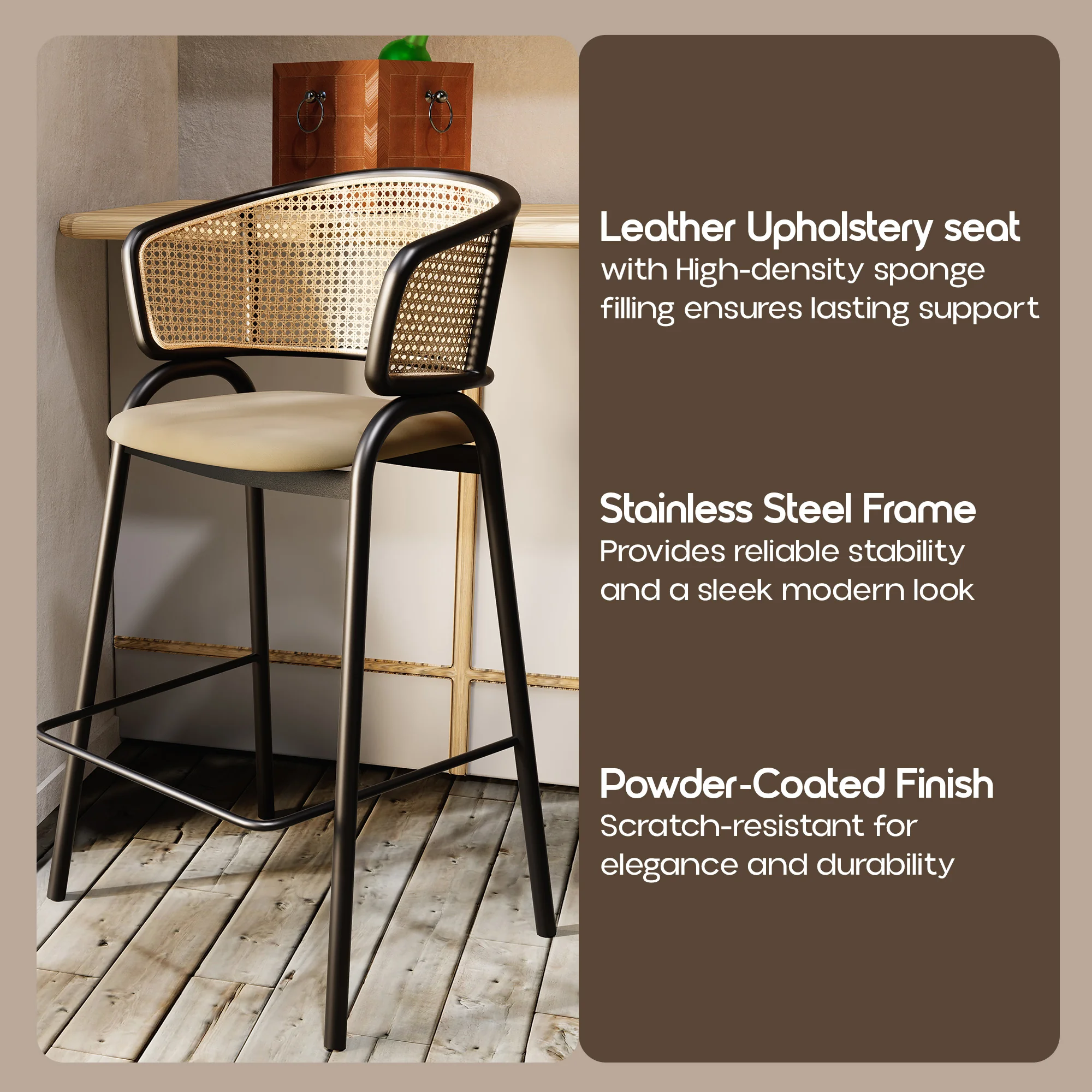 Ervilla Wicker Bar Stool with Fabric Seat and Black Steel Frame - Beige Leather - Set of 2